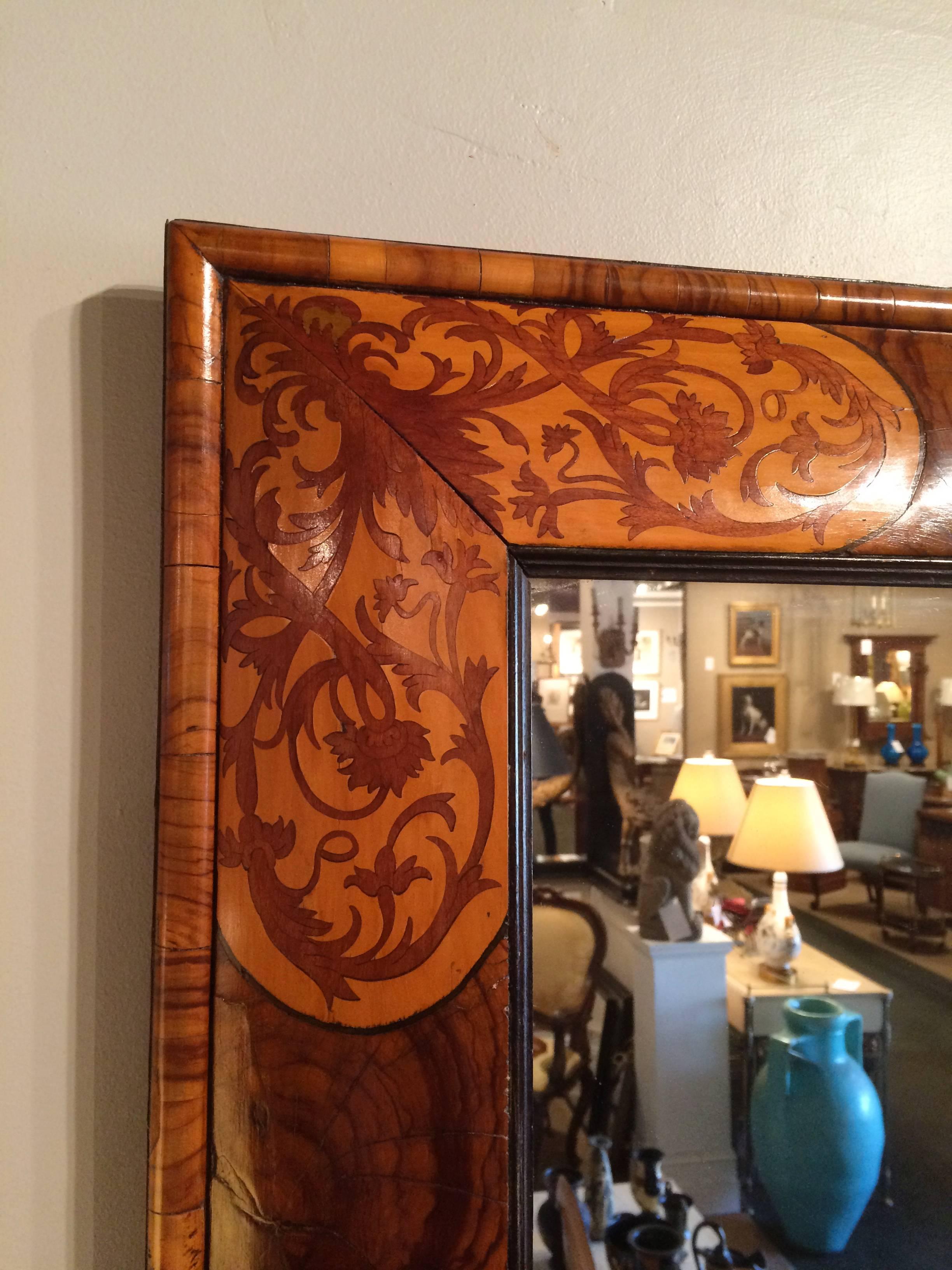 William and Mary Oyster Veneer and Inlaid Mirror
