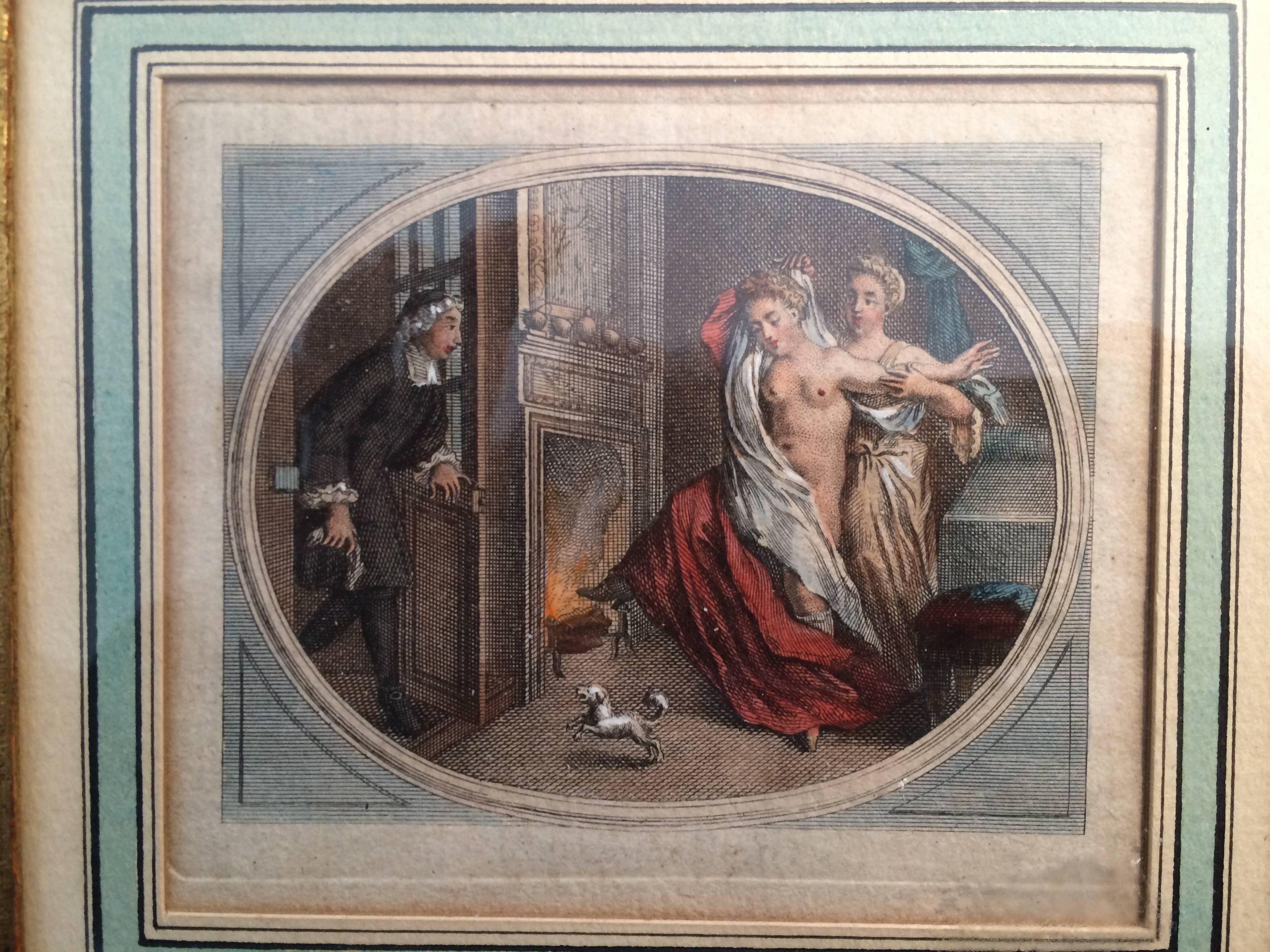 Charming and amusing erotic print depicting a man walking into a room surprising two woman, one almost naked. A small dog runs barking at the intruder. 
A fine quality print with wonderful details, the fire in the hearth, garniture on the mantel, a