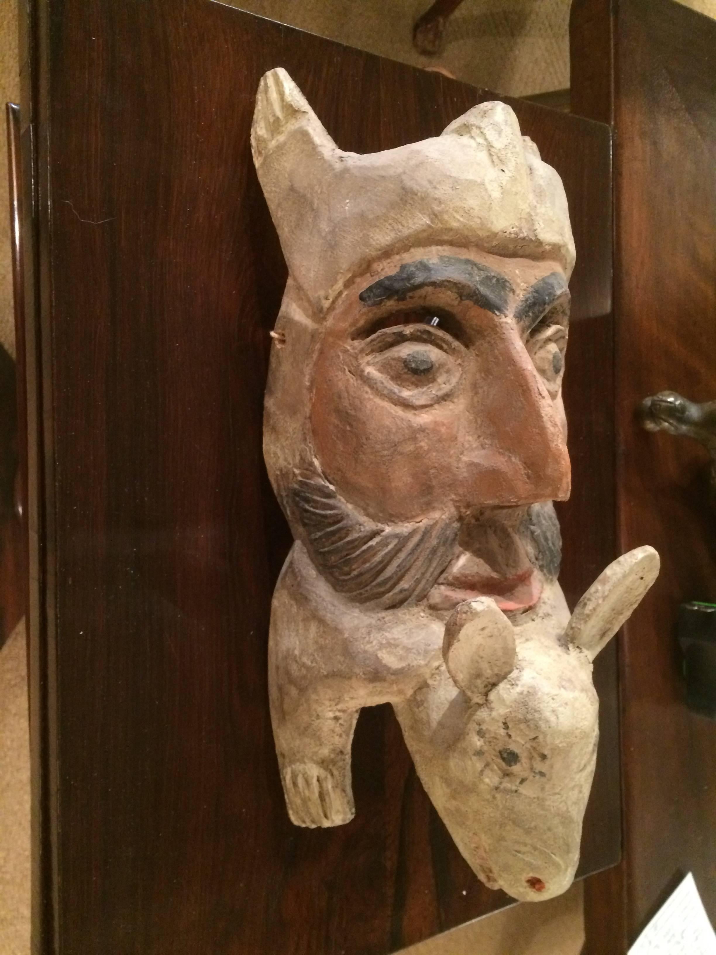 Hand-Carved Folk Art Mask In Excellent Condition In Stamford, CT