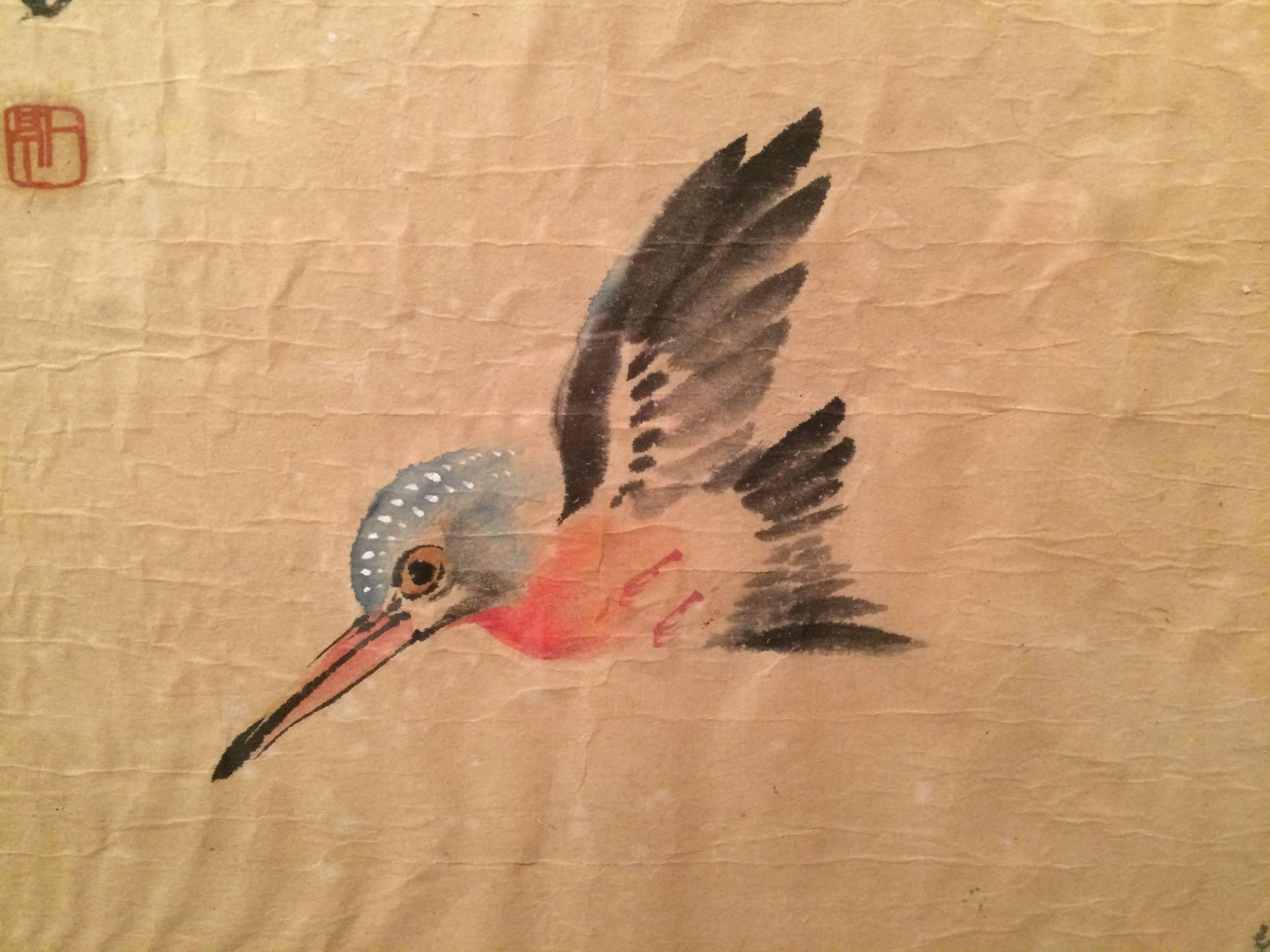 Chinese Scroll Painting of a Kingfisher and Lily Pads In Excellent Condition In Stamford, CT