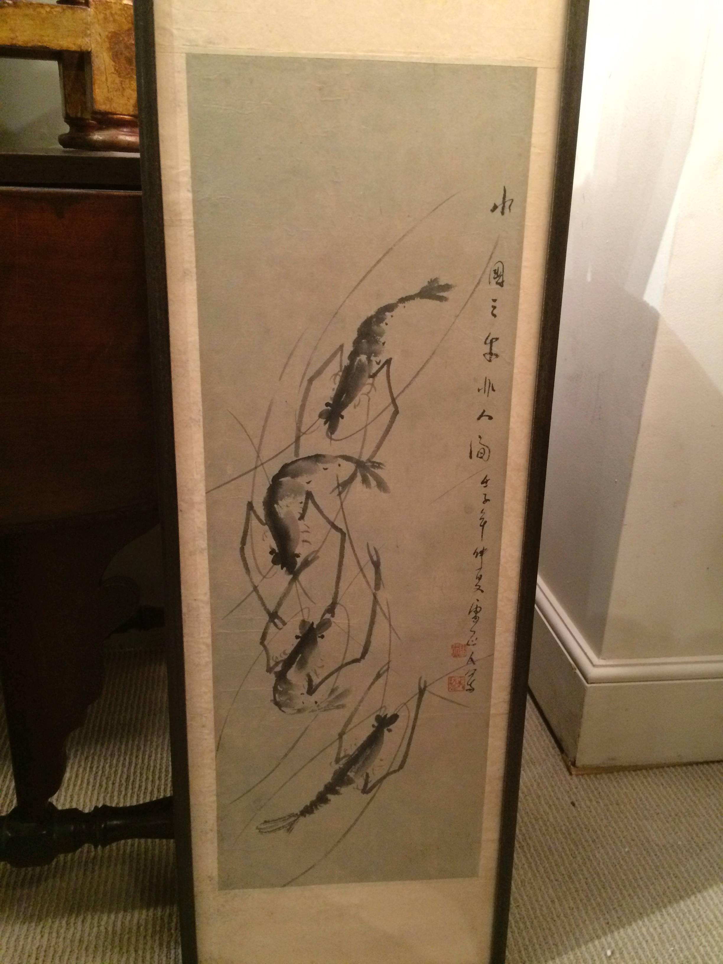 Charming 19th century Chinese scroll painting in ink of four shrimp with calligraphy column of characters down one side. Signed and stamped.