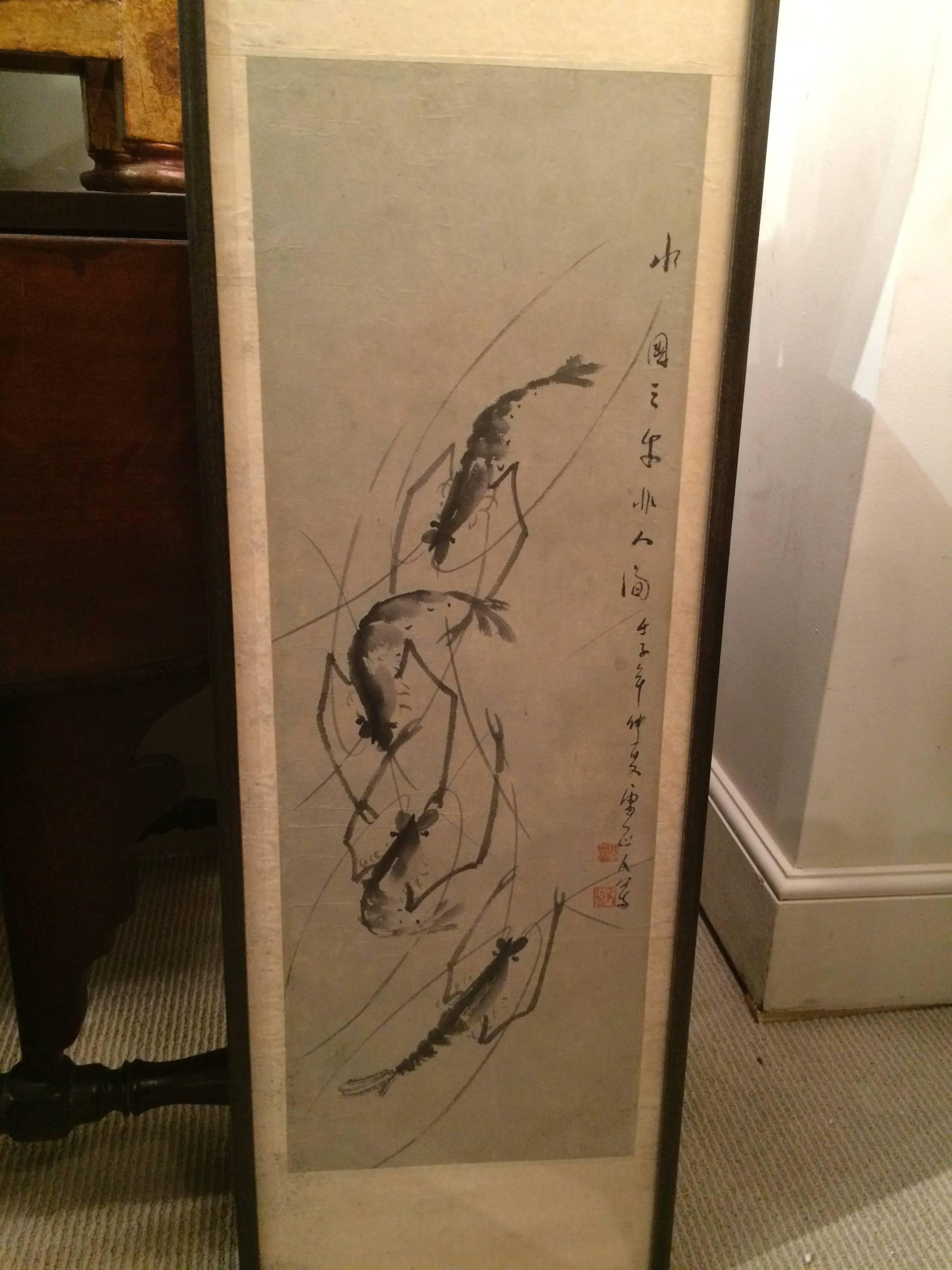 Chinese Export Chinese Scroll Painting of Prawns