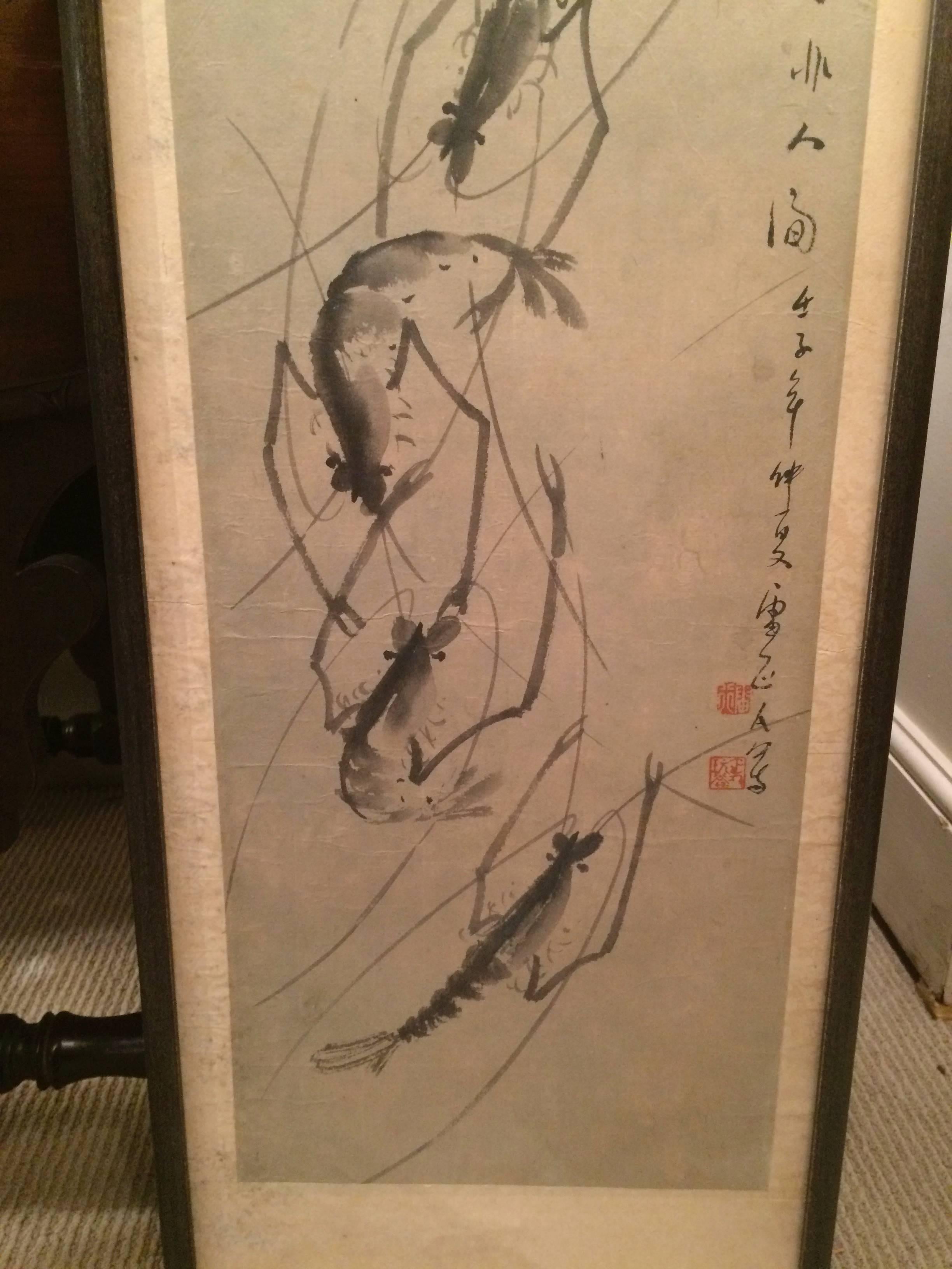 19th Century Chinese Scroll Painting of Prawns