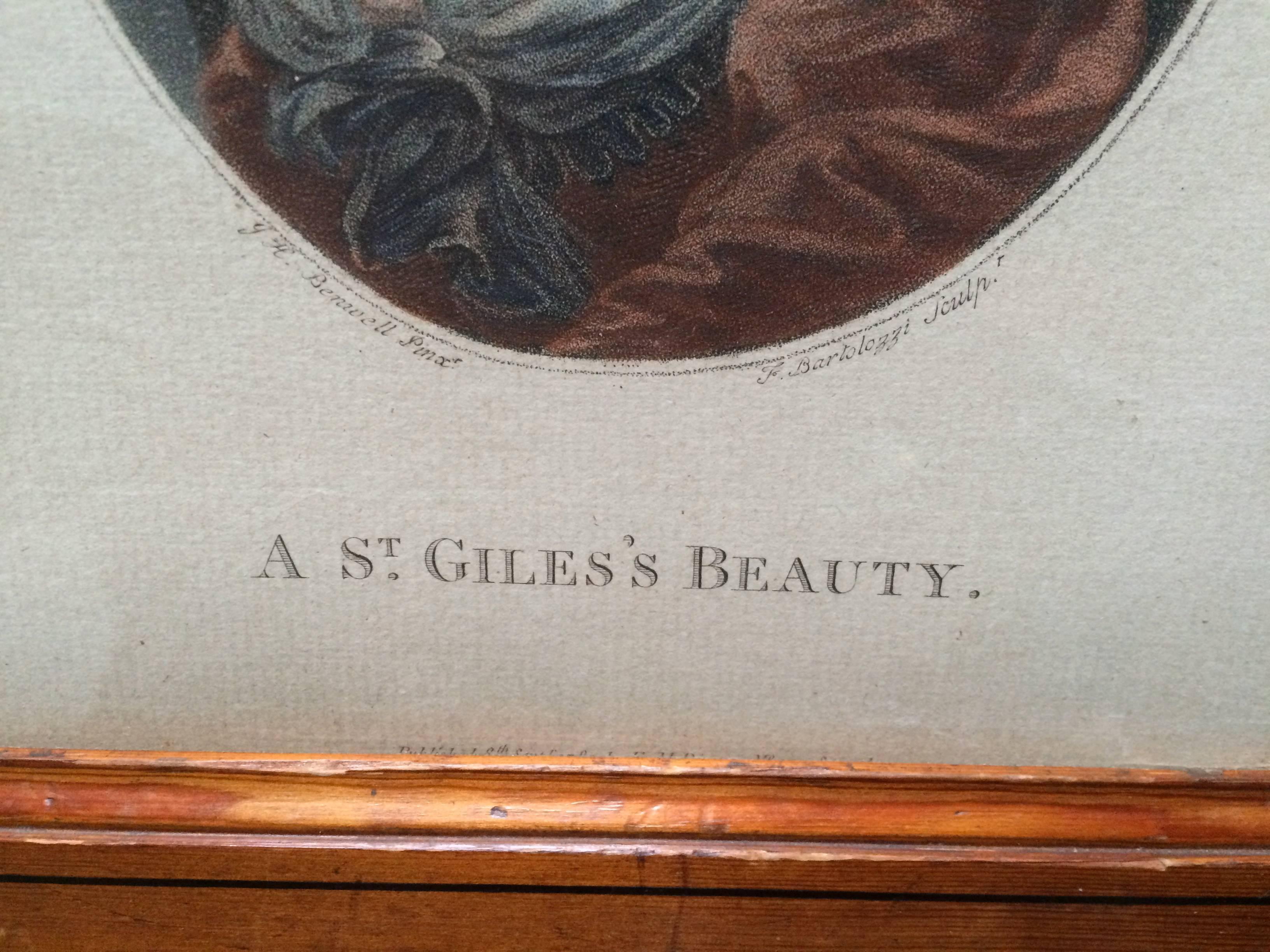 Farbgravur aus dem 18. Jahrhundert, Eine Schönheit des Heiligen Giles (Papier) im Angebot