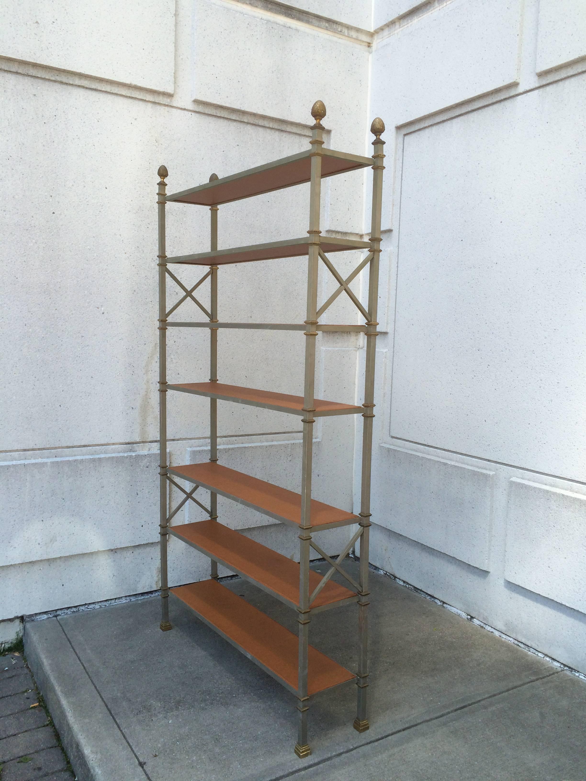 Large-scale Maison Jansen brushed steel and bronze etagere or book shelf with original Moroccan leather shelves.