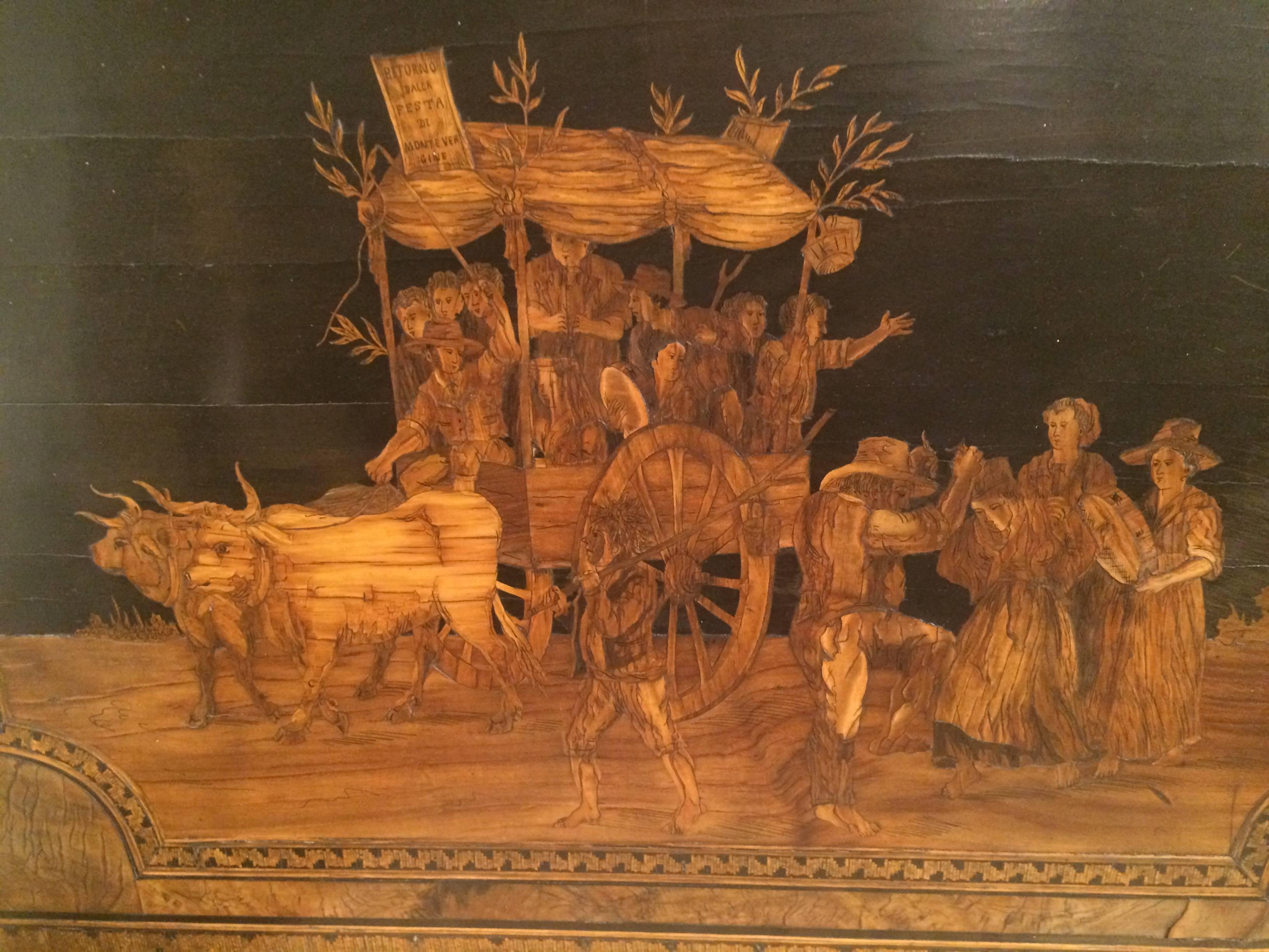 19th century Italian inlaid marquetry panel, titled, 'Ritorno dalla Festa di Montevergine' (Returning from the Feast of Montevergine). This is the best quality Sorrento panel I've ever owned or even seen. Beautifully realized scene of locals riding