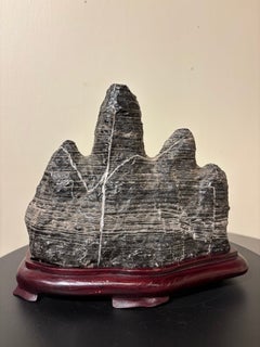 Chinese Mountain Range Scholar Stone In A Hardwood Base
