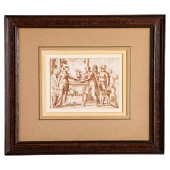Dibujo barroco del siglo XVII de «Rebeca junto al pozo», aguada enmarcada