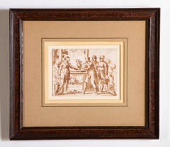 Dibujo barroco del siglo XVII de «Rebeca junto al pozo», aguada enmarcada