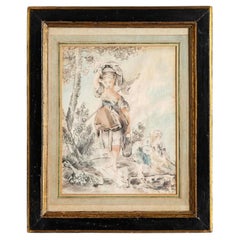Dessin au crayon français du XVIIIe siècle dans un cadre d'époque en bois noirci et doré