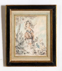 Dessin au crayon français du XVIIIe siècle dans un cadre d'époque en bois noirci et doré