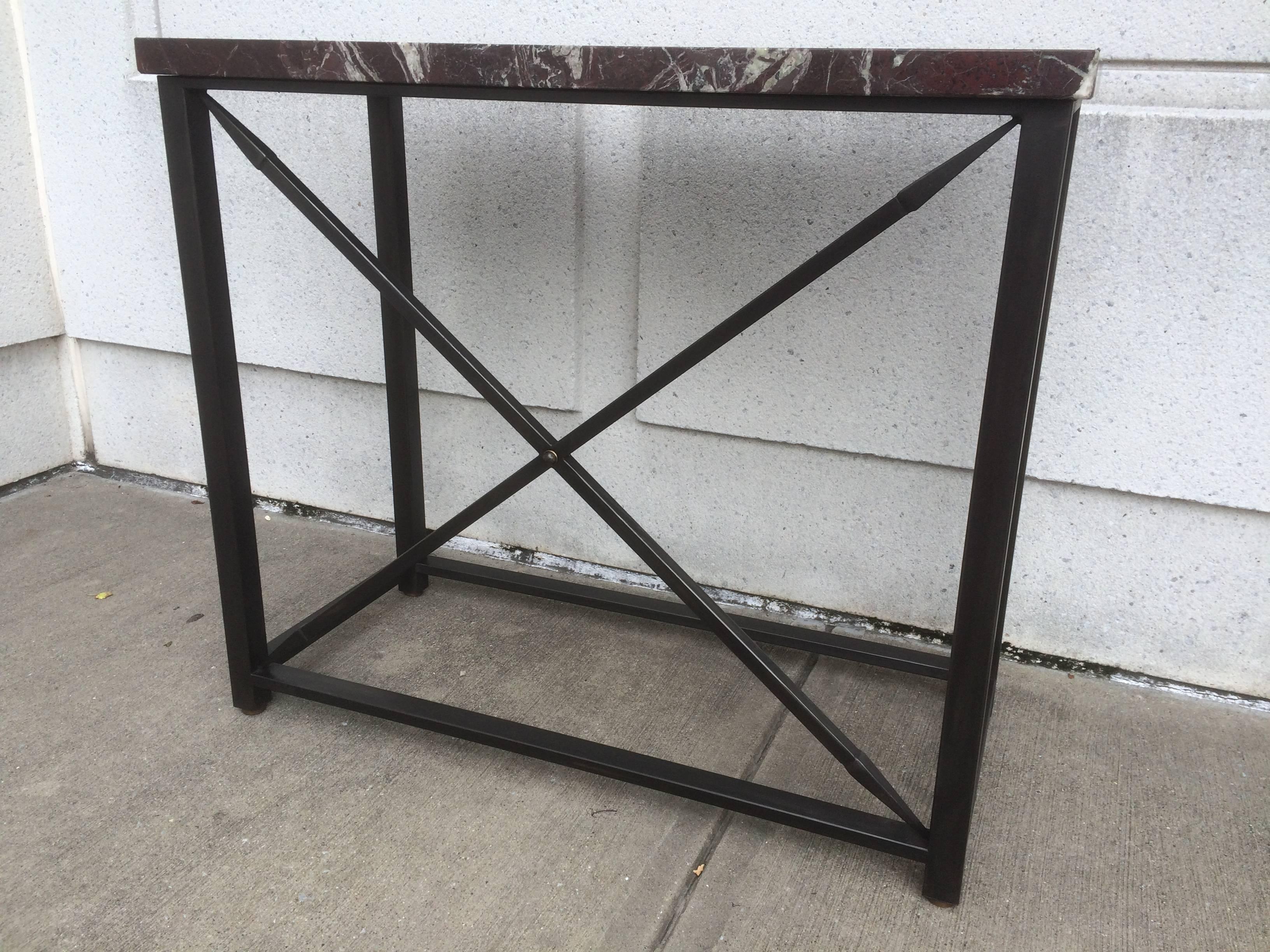 Pair of Marble-Topped Steel Console Tables In Excellent Condition In Stamford, CT