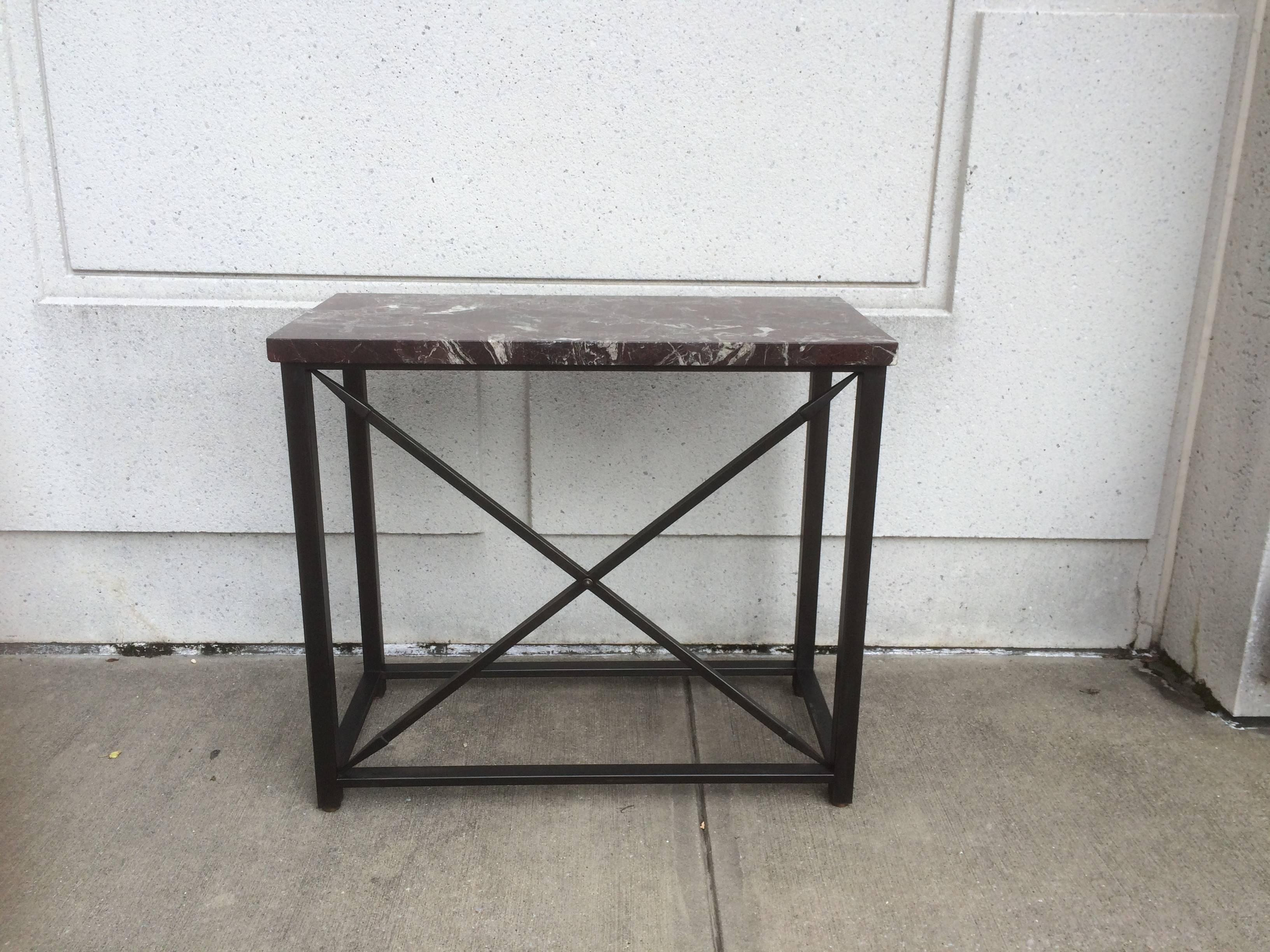 Griotte Marble Pair of Marble-Topped Steel Console Tables