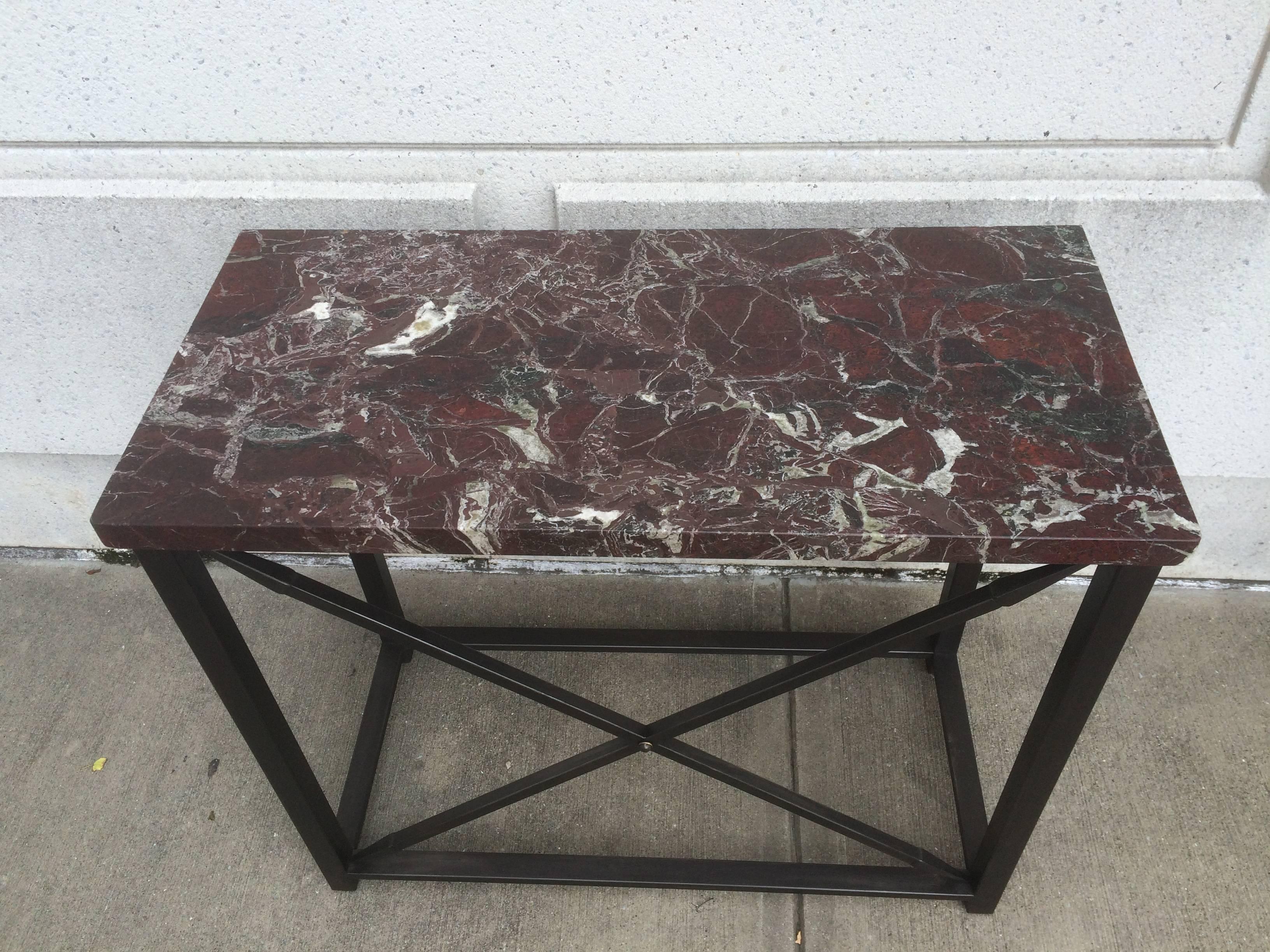 Pair of Marble-Topped Steel Console Tables 1