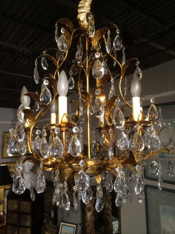 Mid-Century Modern Bagues Style Gilt Metal Crystal Chandelier For Sale
