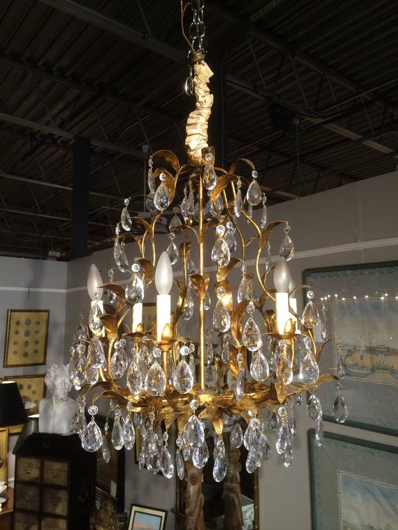 French Bagues Style Gilt Metal Crystal Chandelier For Sale