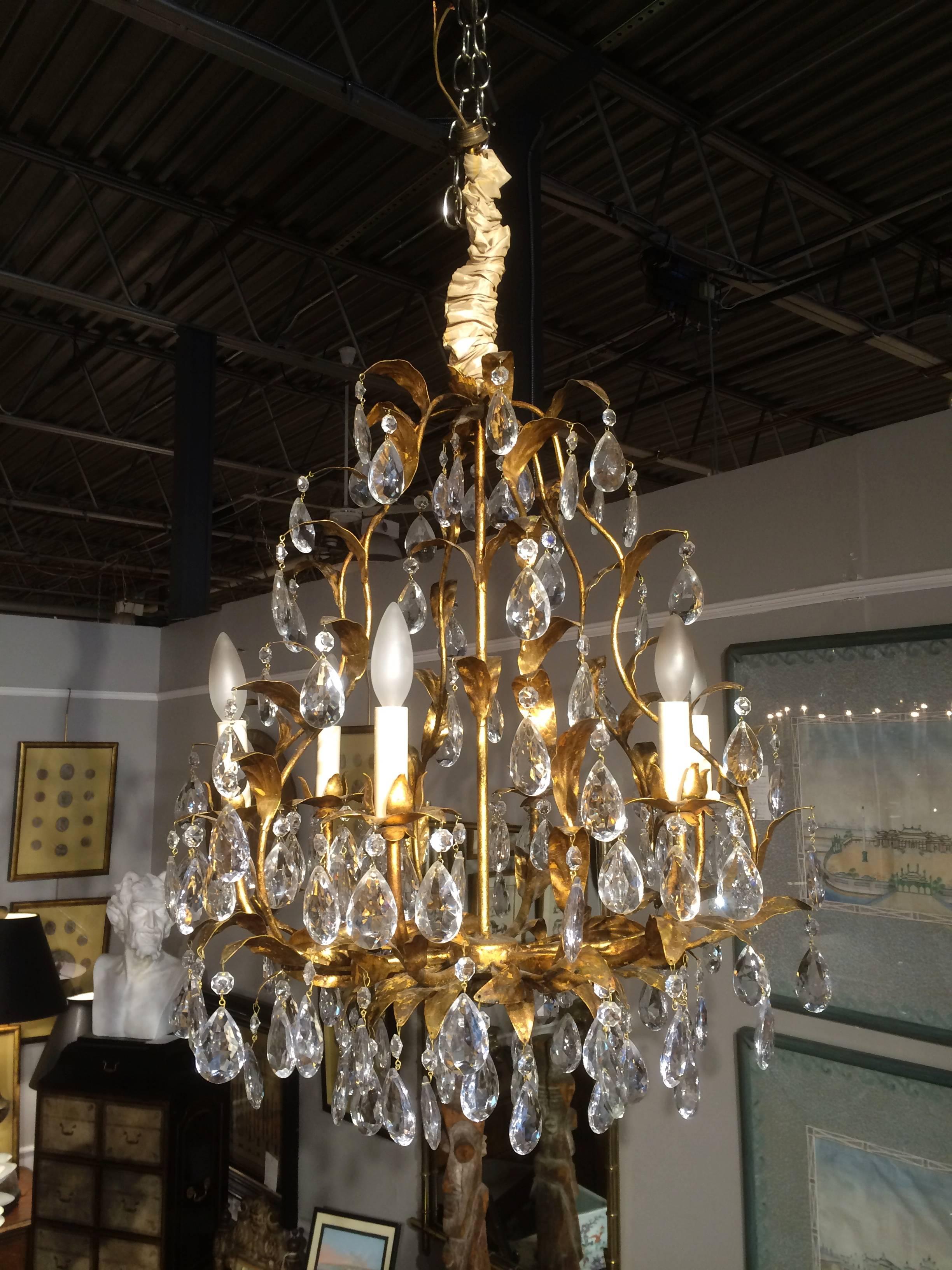 French Bagues Style Gilt Metal Crystal Chandelier