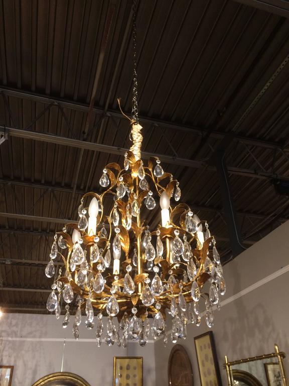 20th Century Bagues Style Gilt Metal Crystal Chandelier For Sale