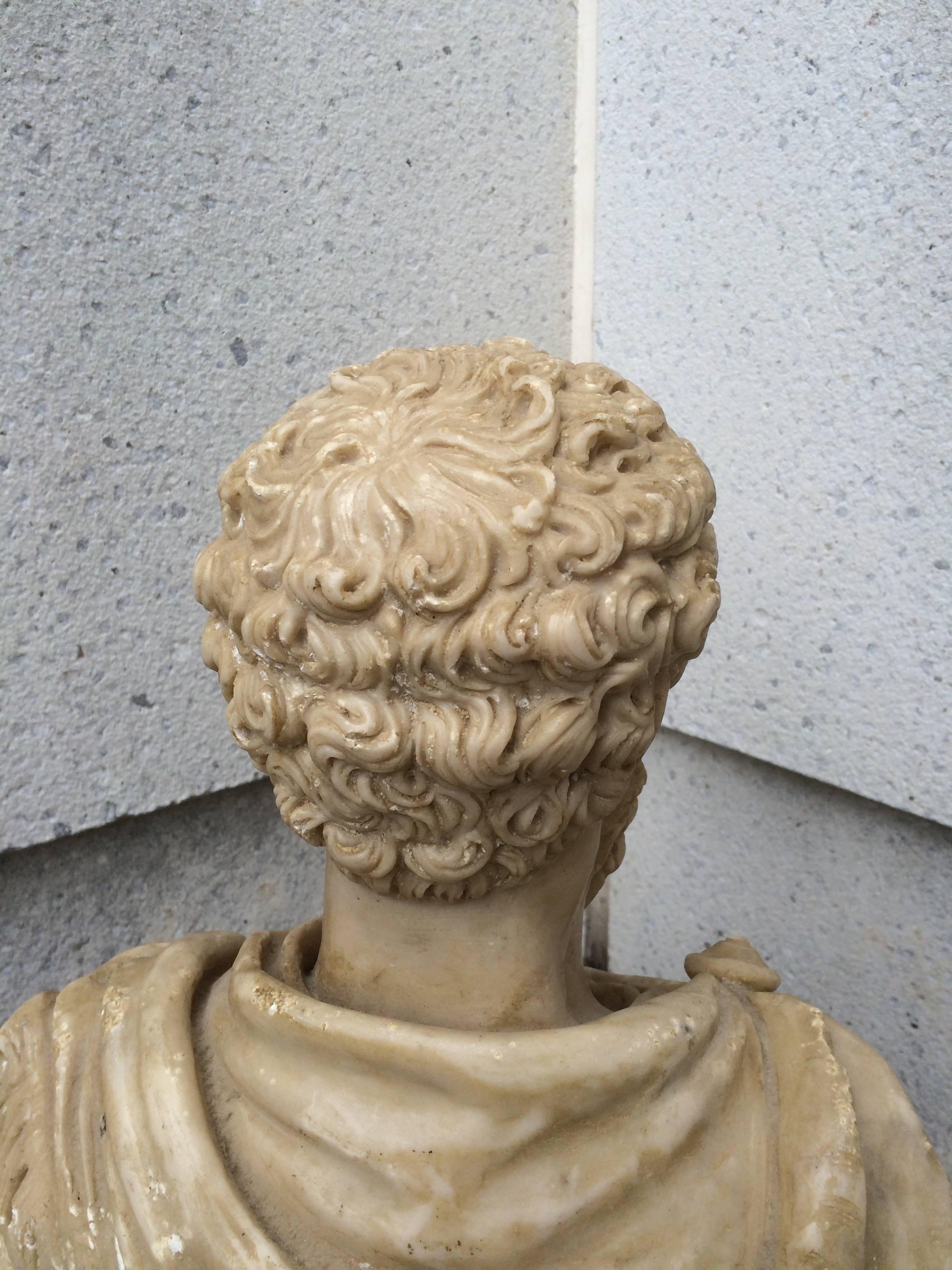 Impressive Roman composition bust of Marcus Aurelius on a painted plinth, Italian, 19th century.

Marcus Aurelius (26 April, 121-17 March, 180 AD) was Roman Emperor from 161-180. He ruled with Lucius Verus as co-emperor from 161 until Verus' death