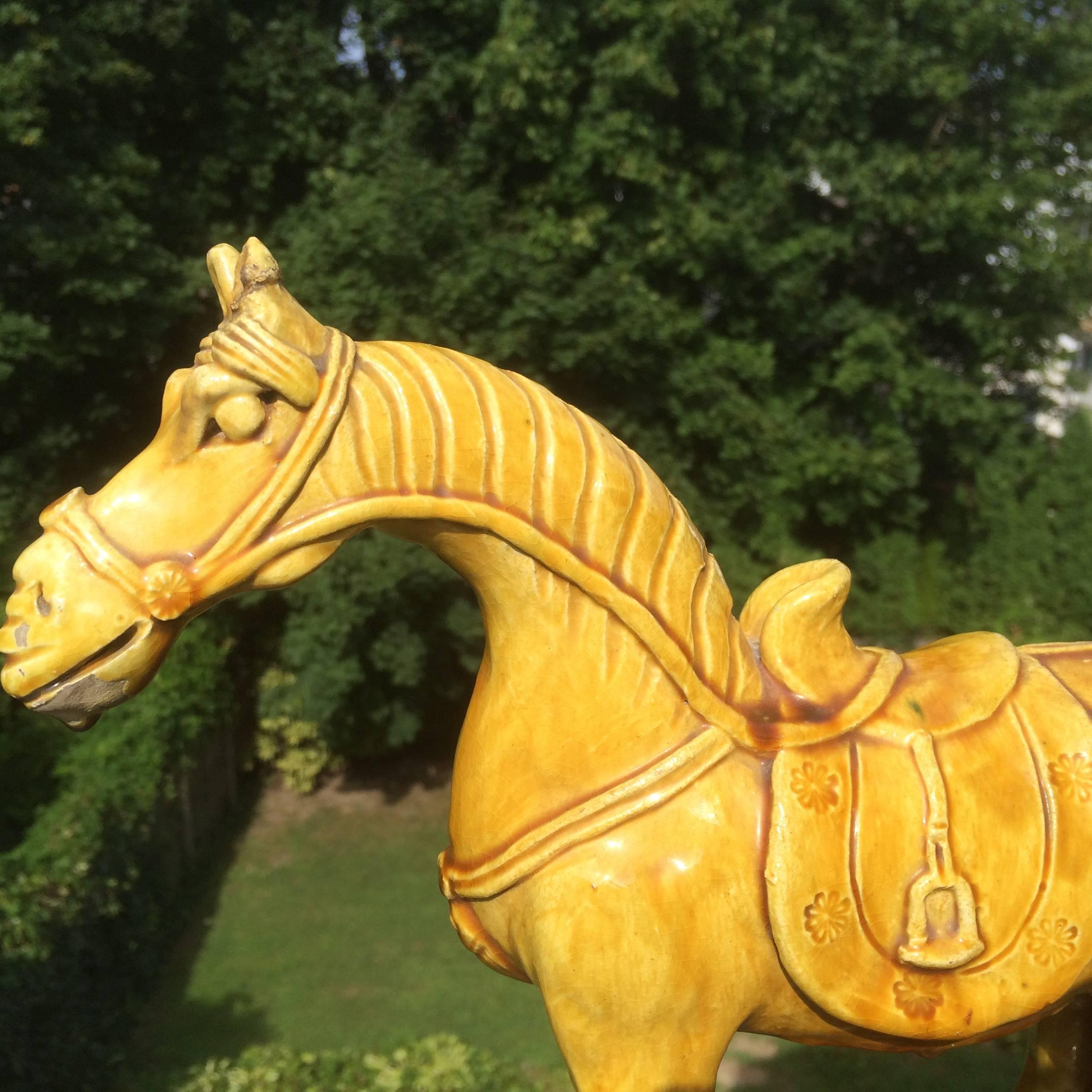 Chinoiserie Chinese Yellow Glazed Horse on Teak Stand