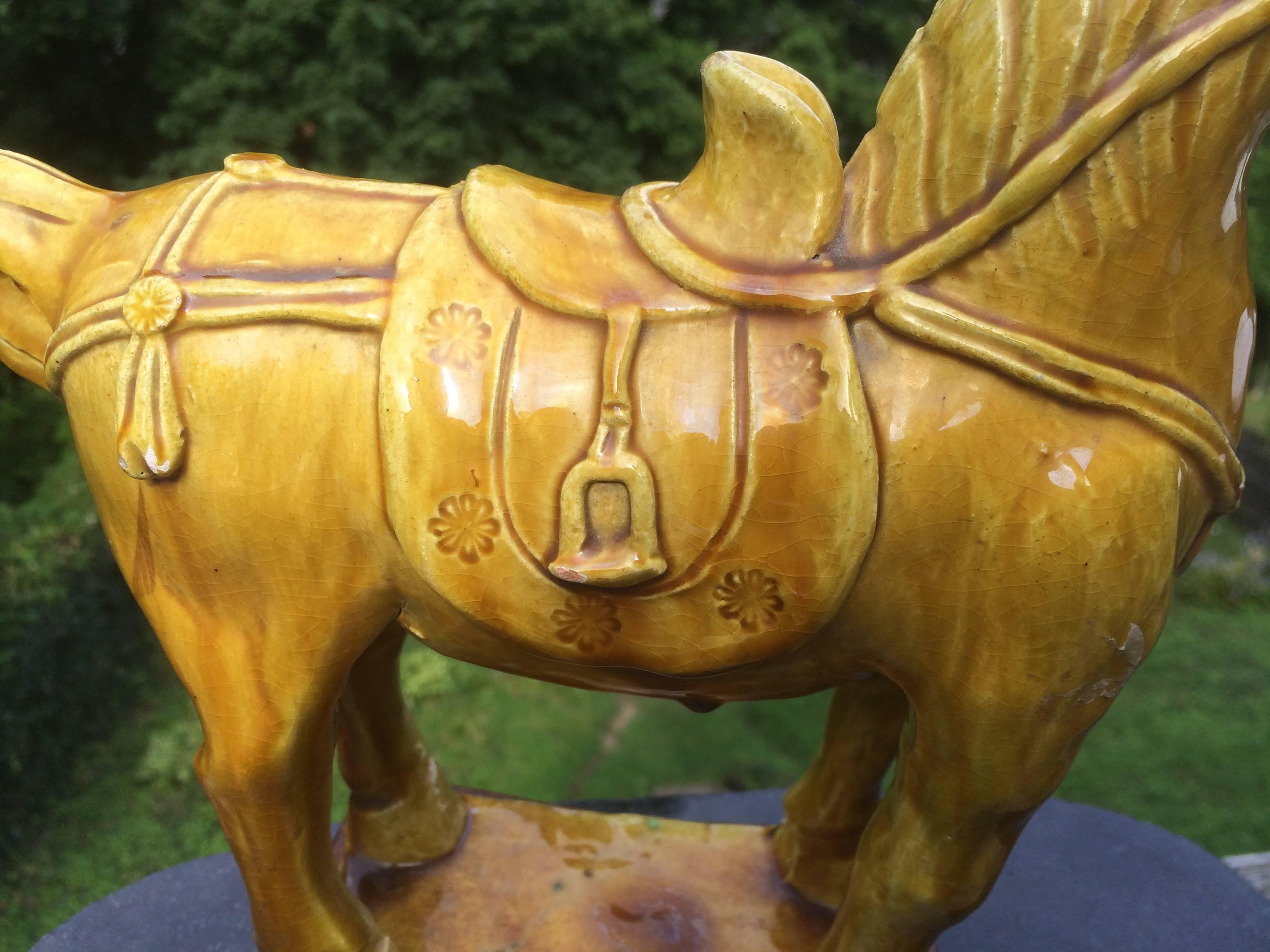 Chinese Yellow Glazed Horse on Teak Stand In Excellent Condition In Stamford, CT