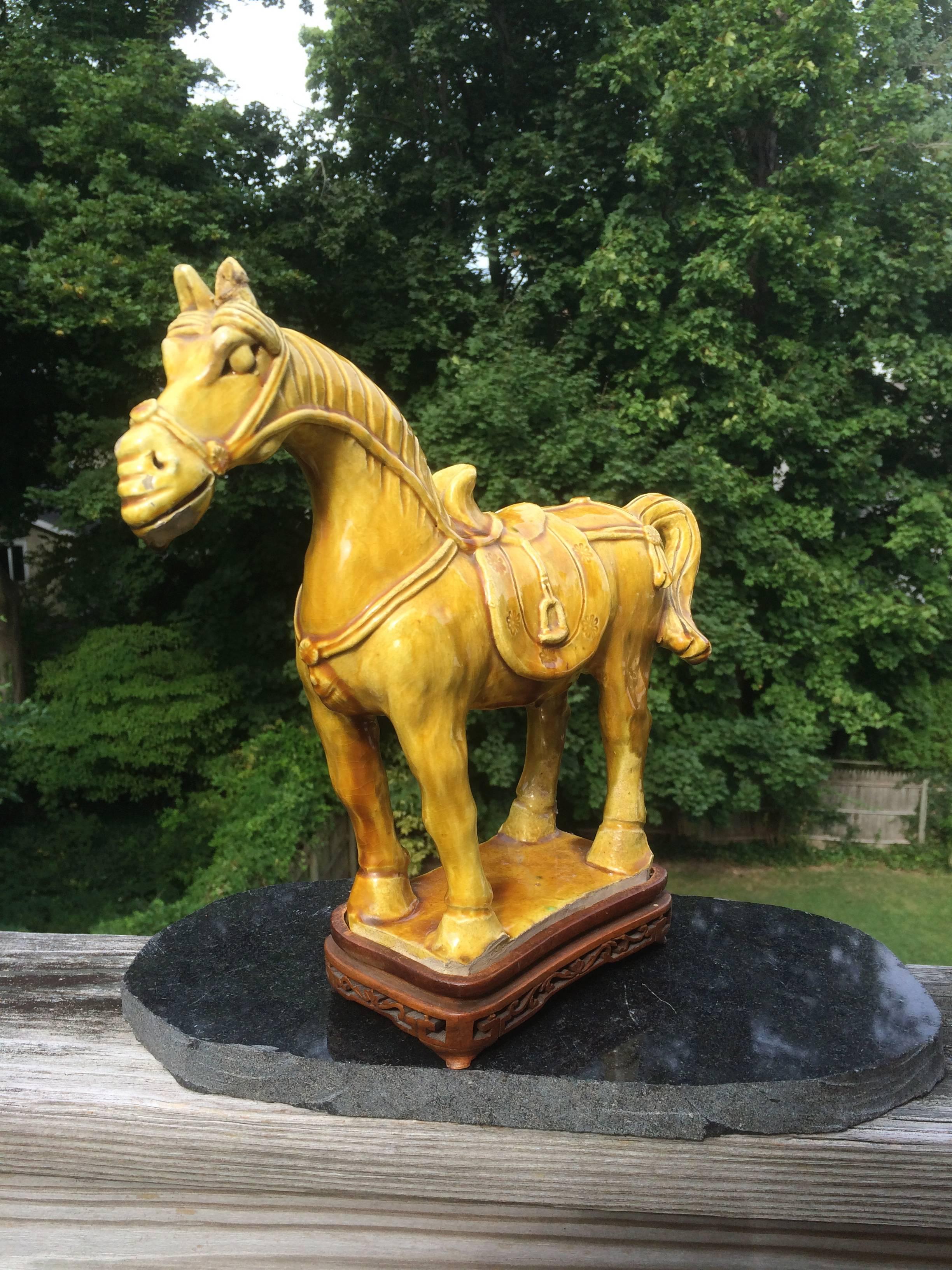 Chinese Yellow Glazed Horse on Teak Stand 2