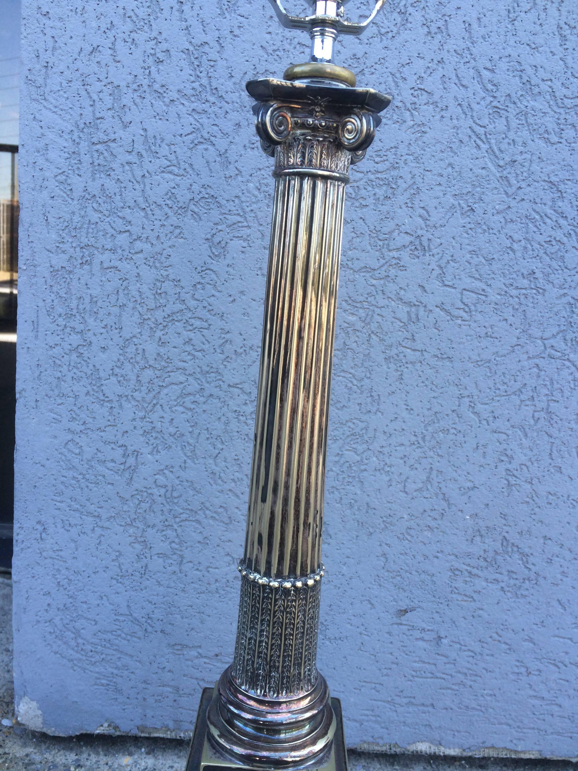 Regency Silver Neoclassical Column Table Lamp For Sale