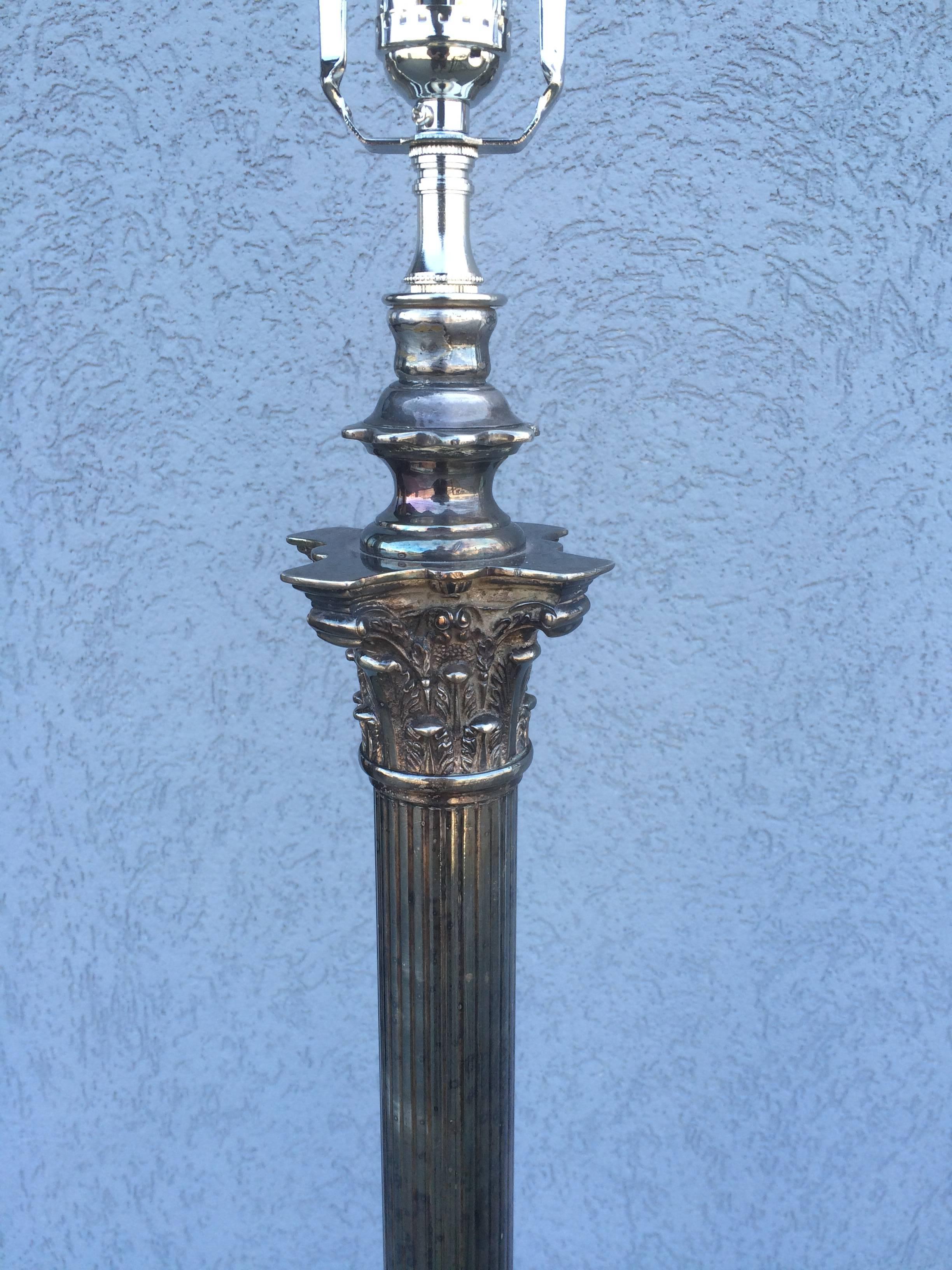 Silvered Neoclassical English Regency Silver Column Floor Lamp 