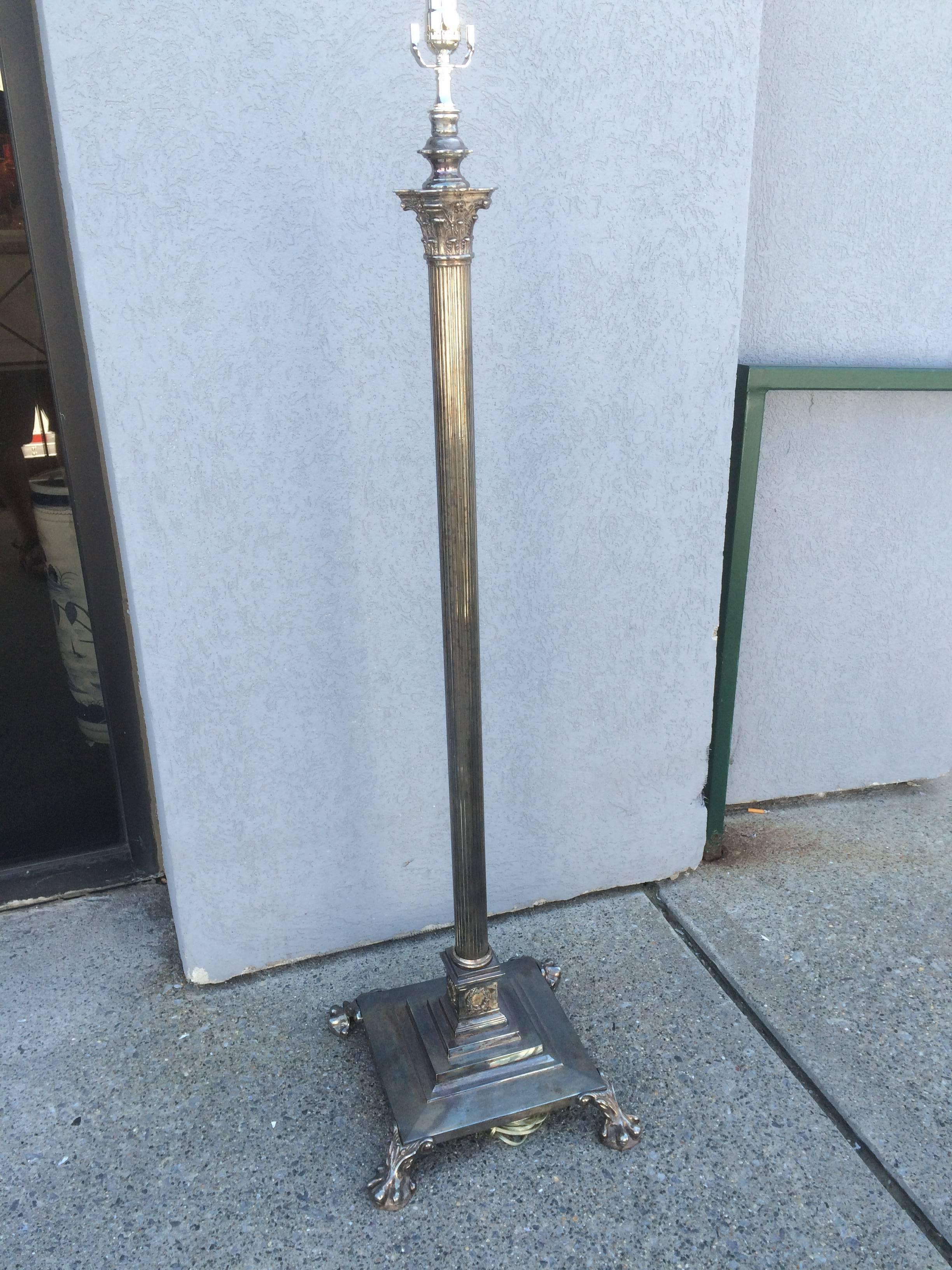 Metal Neoclassical English Regency Silver Column Floor Lamp 