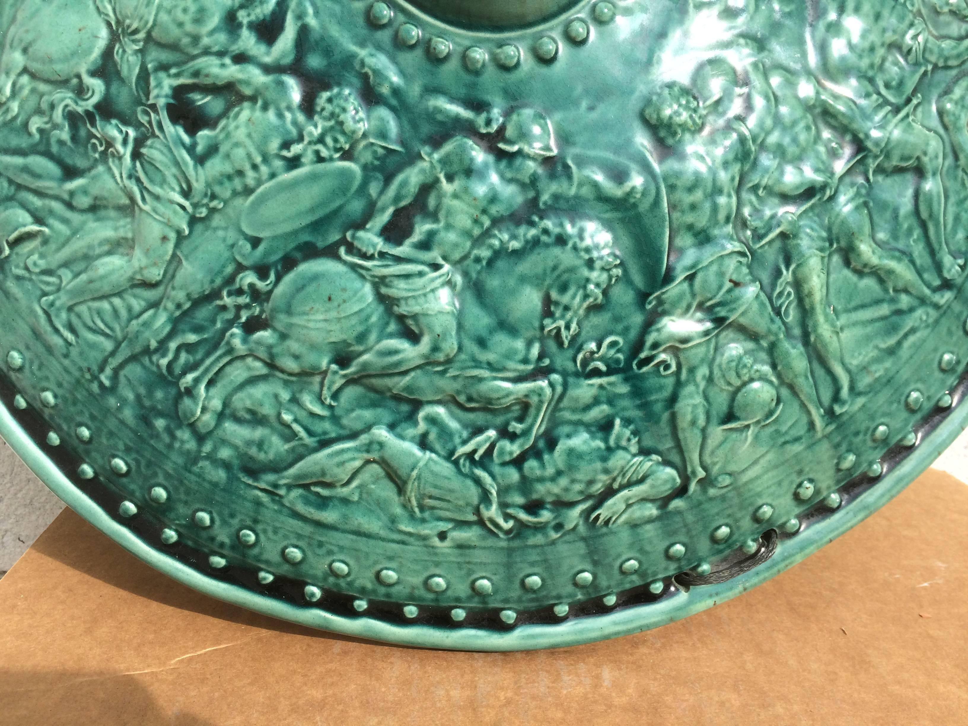 Pair of Turquoise Majolica Parade Shields with Battle Scenes, 19th Century 2