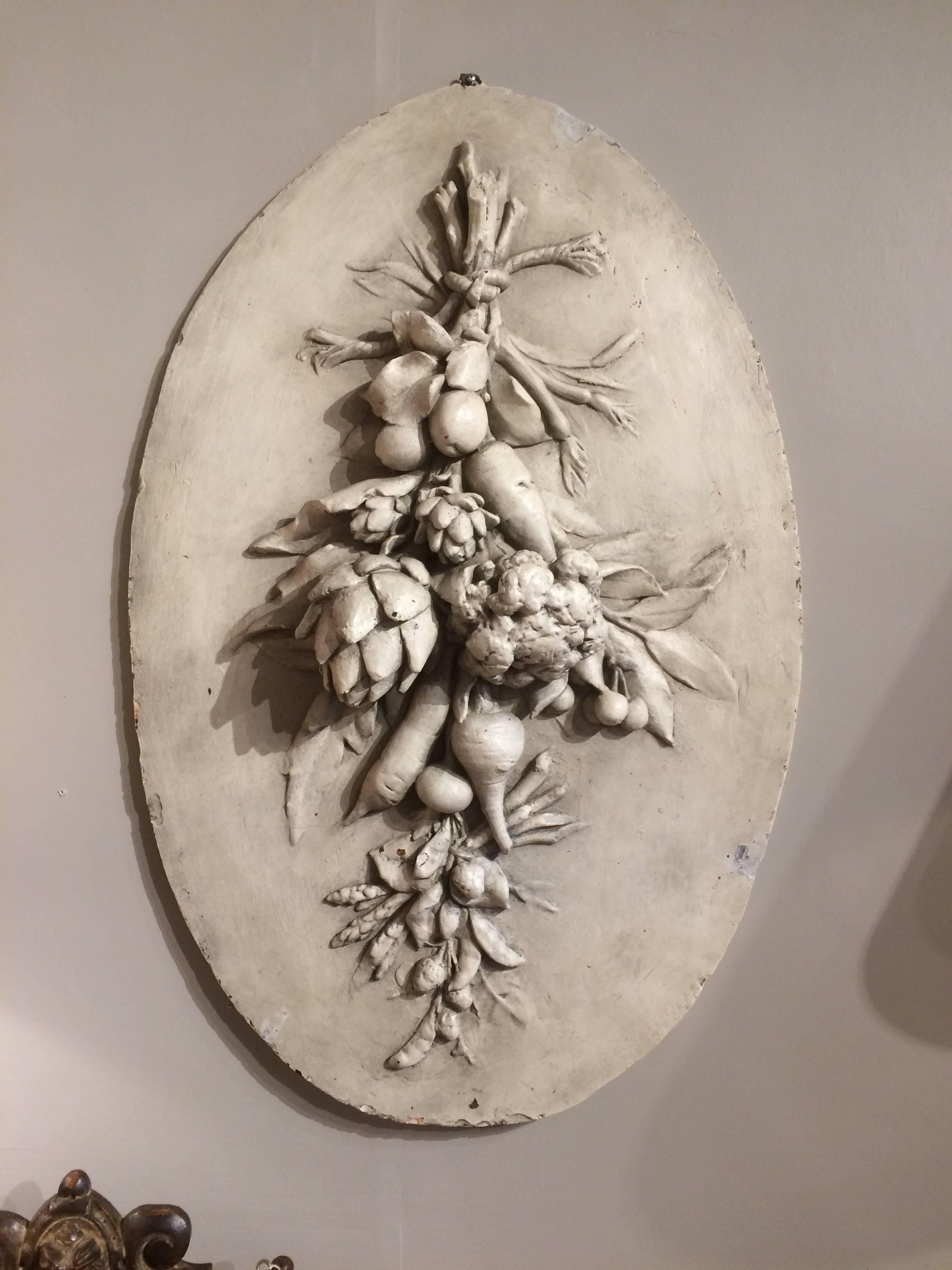 19th Century Large French Oval Plaster Relief of Hanging Vegetables
