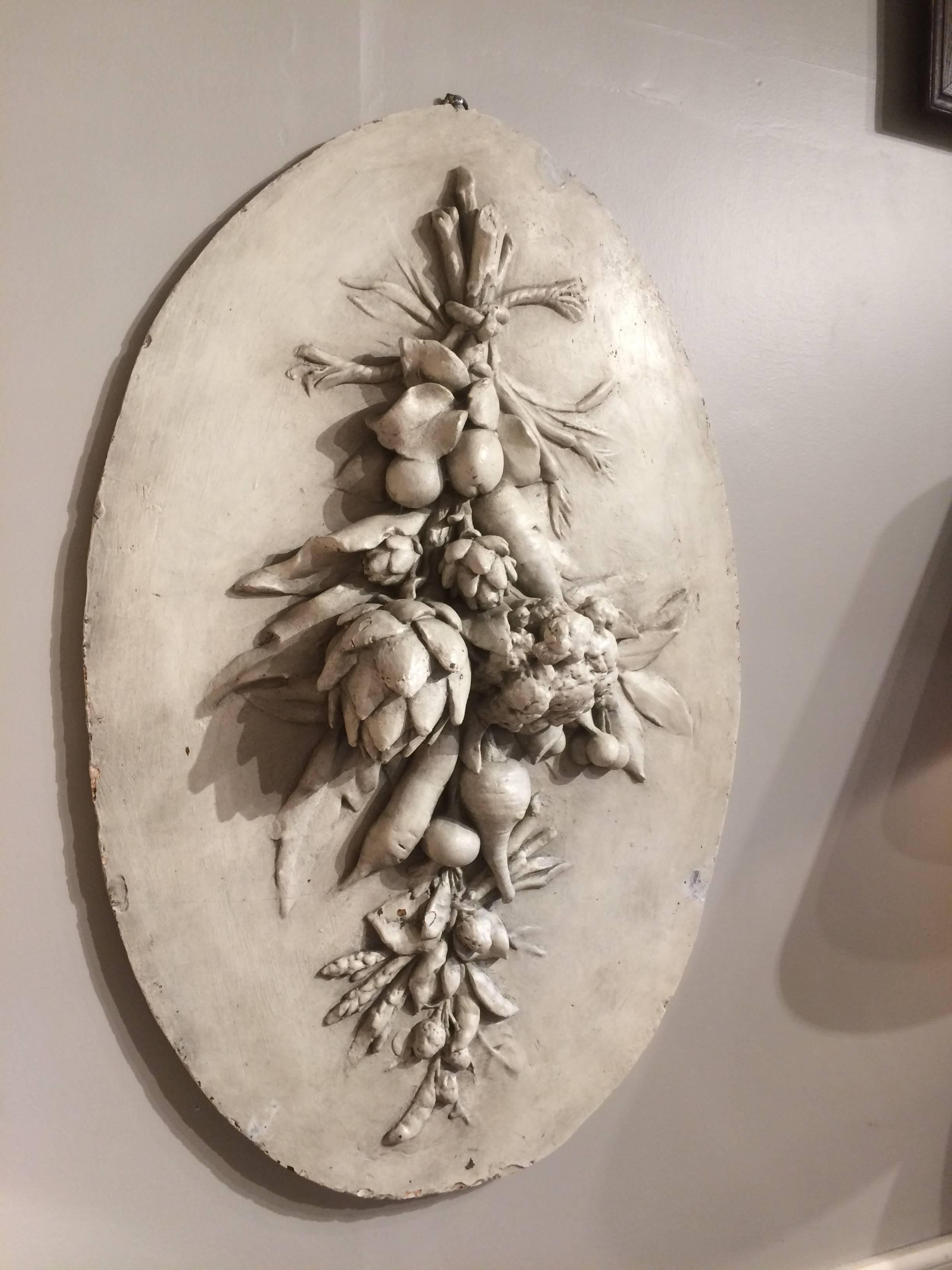 Large French Oval Plaster Relief of Hanging Vegetables 1