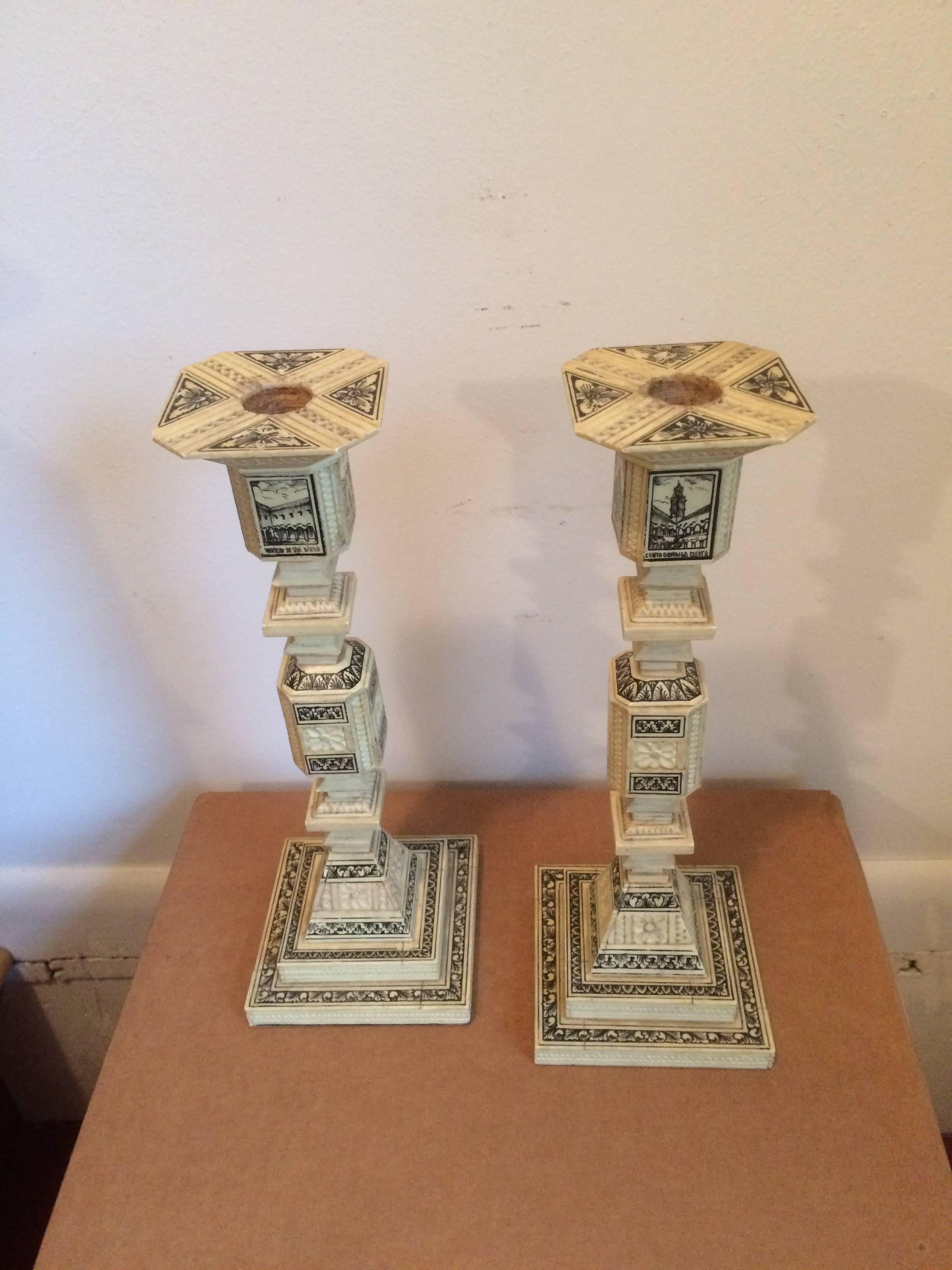 Spanish Colonial Pair of Unusual Carved Geometric Candlesticks