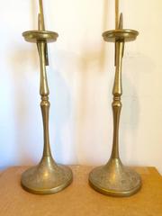 Pair of Korean Choson Etched Brass Butterfly Candle Stands