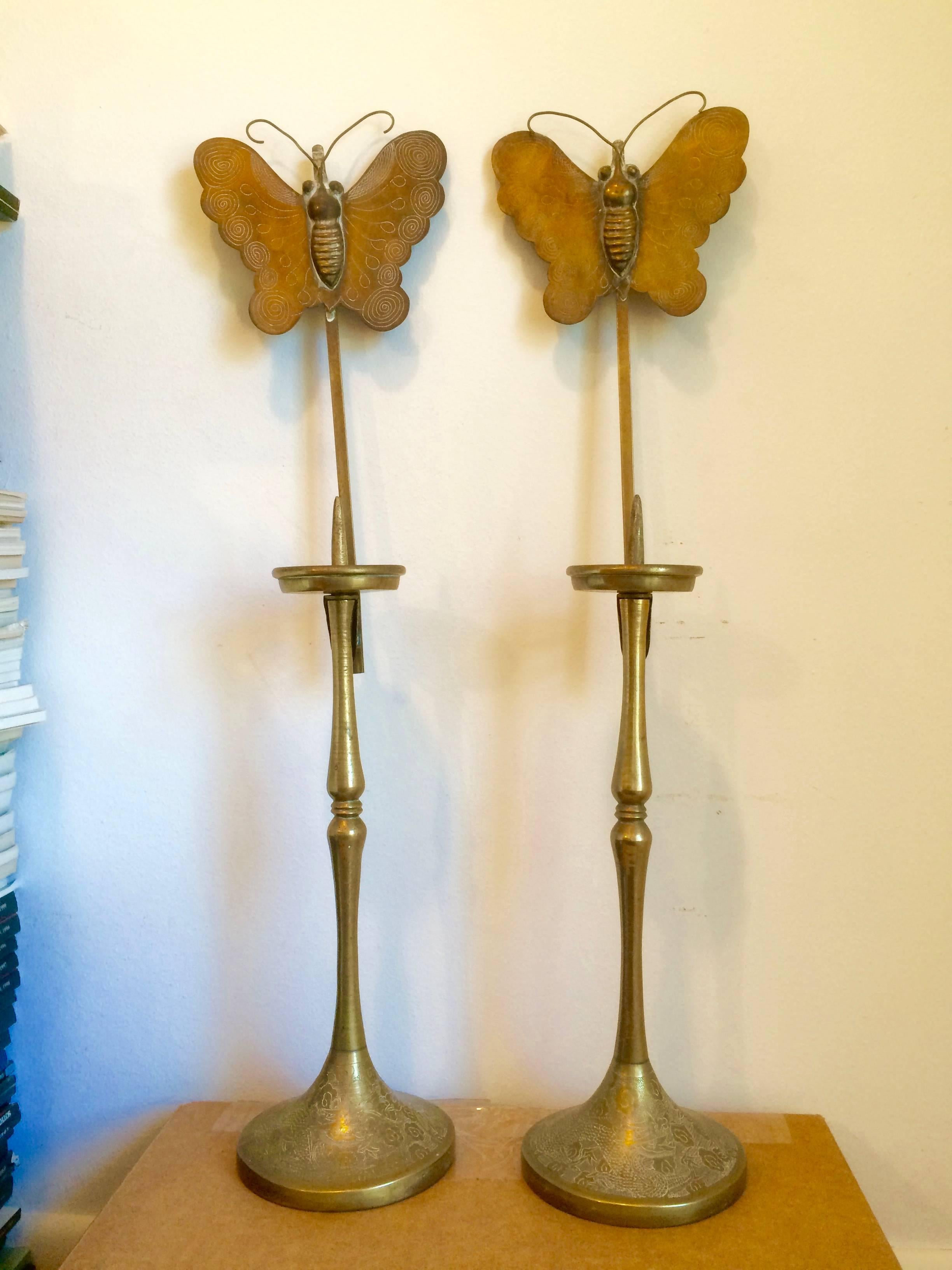 19th Century Pair of Korean Choson Etched Brass Butterfly Candle Stands