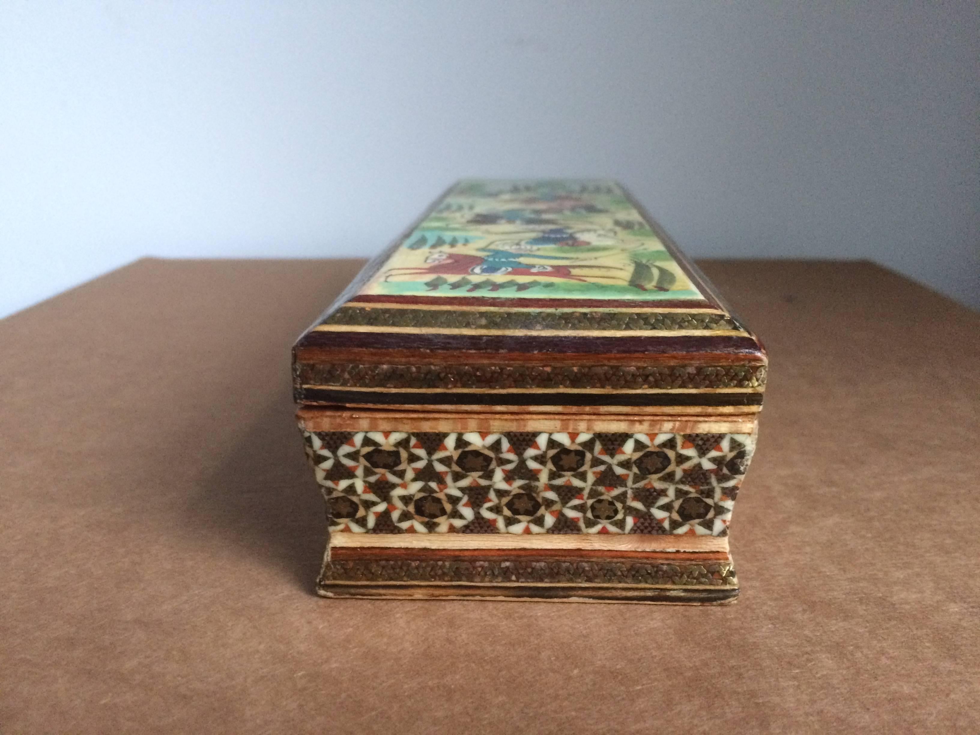 Persian Inlaid Pen Box with Painted Polo Players 3