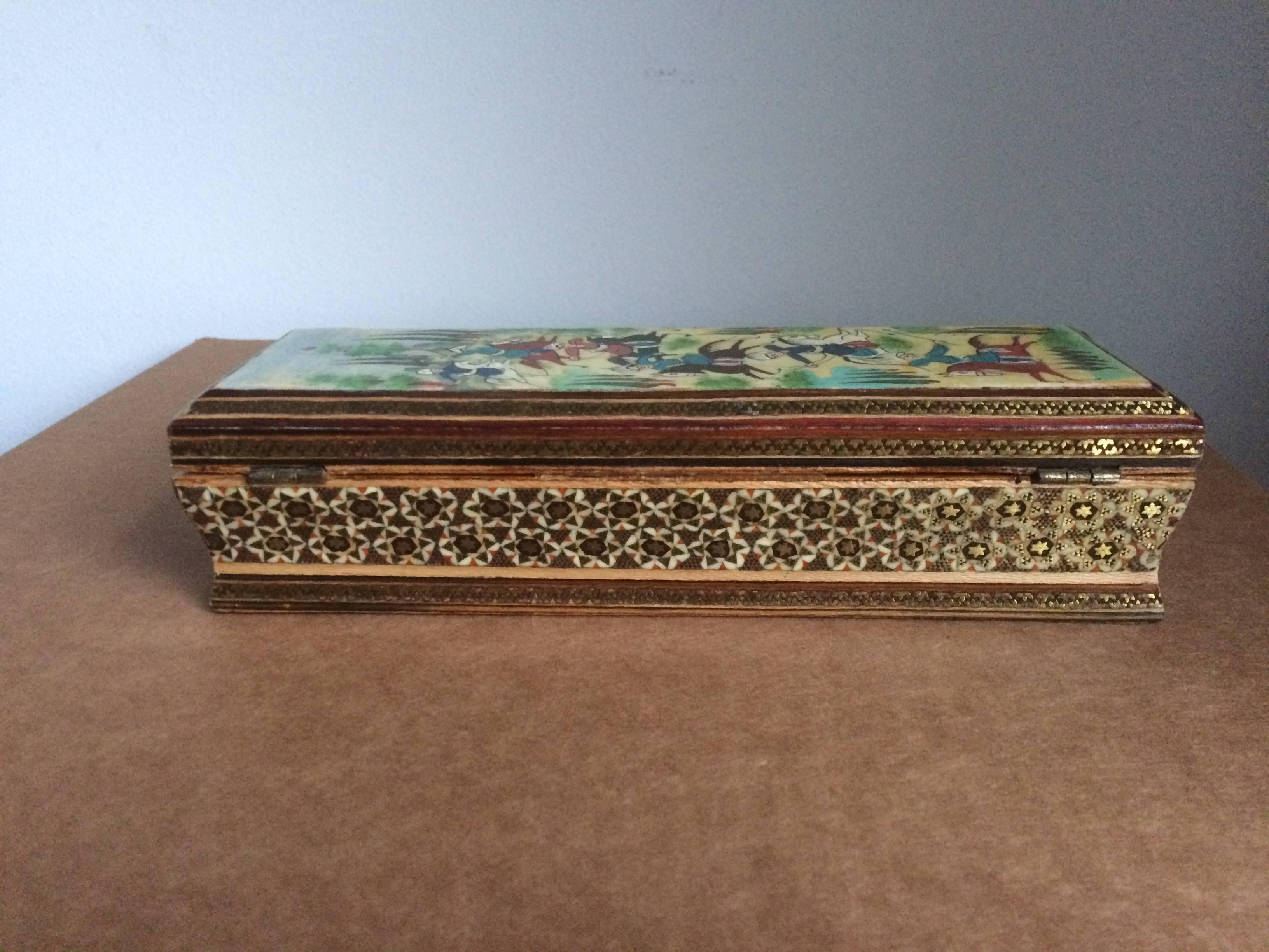 Persian Inlaid Pen Box with Painted Polo Players 5