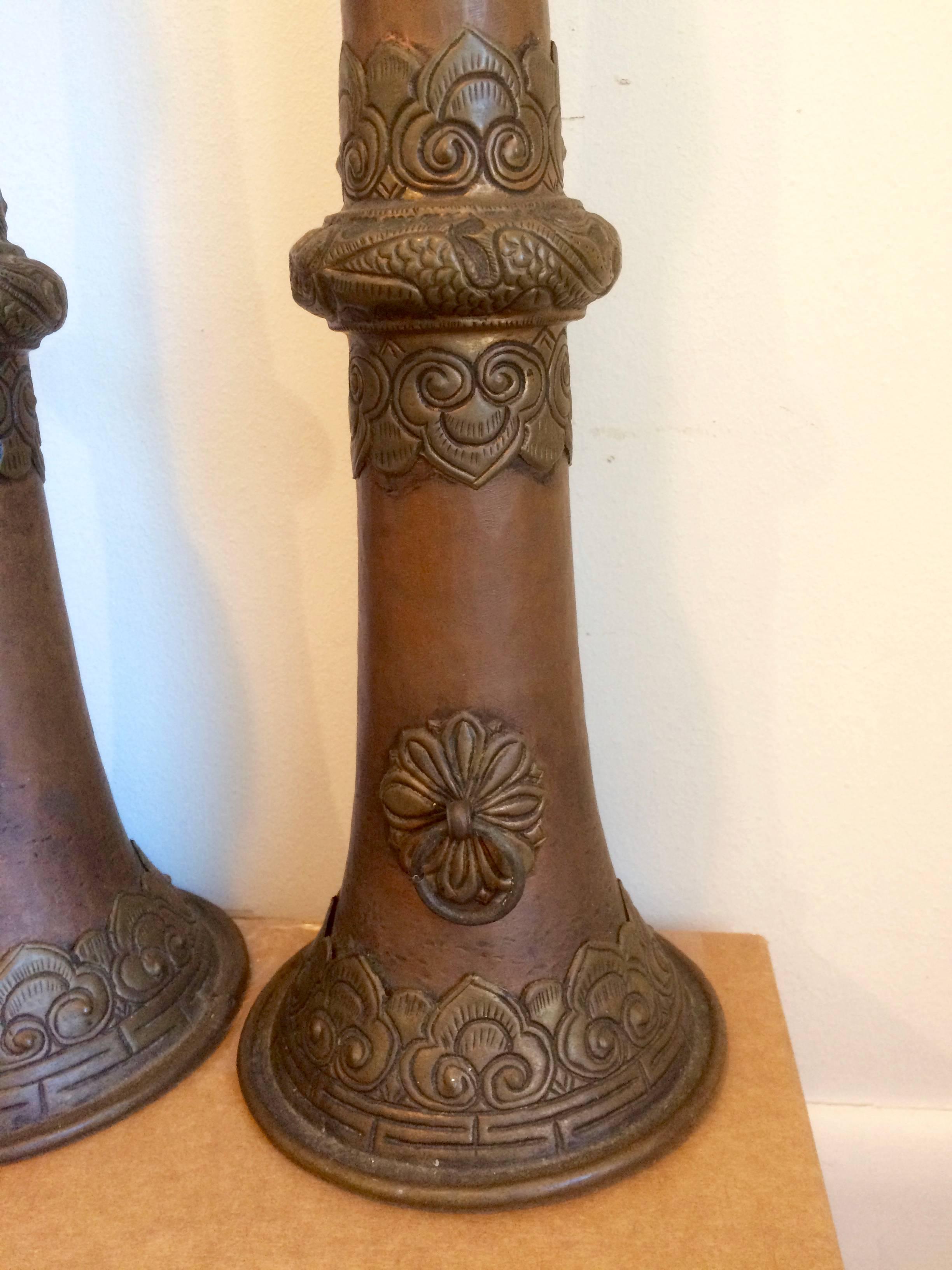 Tribal Pair of Tibetan Copper Ritual Horns