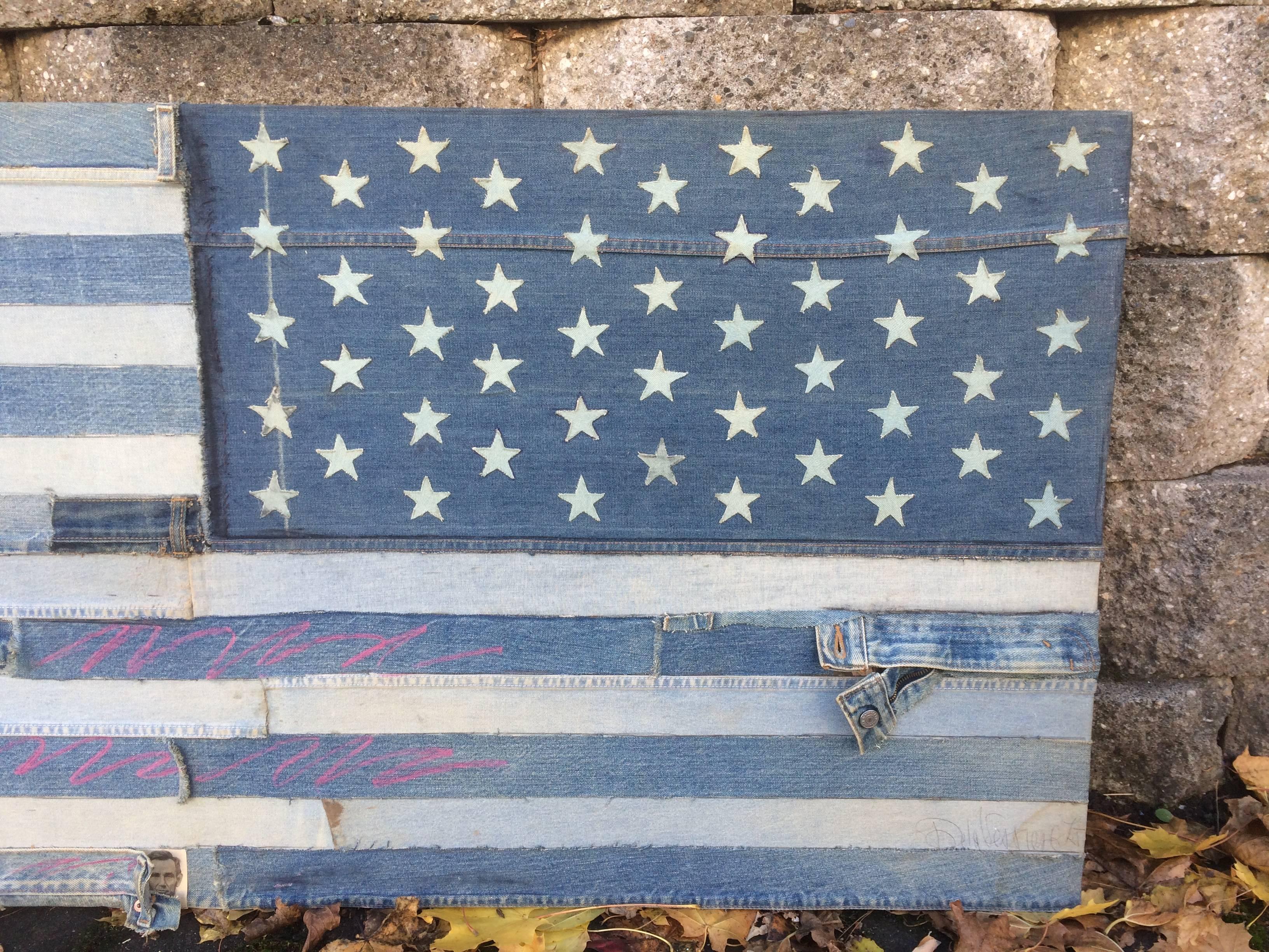 An American flag in denim by a French artist living in New York City, Jacques de la Verriere, from his personal collection. An untrained 'outsider' artist, he did sell some of his denim flag works through OK Harris gallery in Soho in the 1980s, one