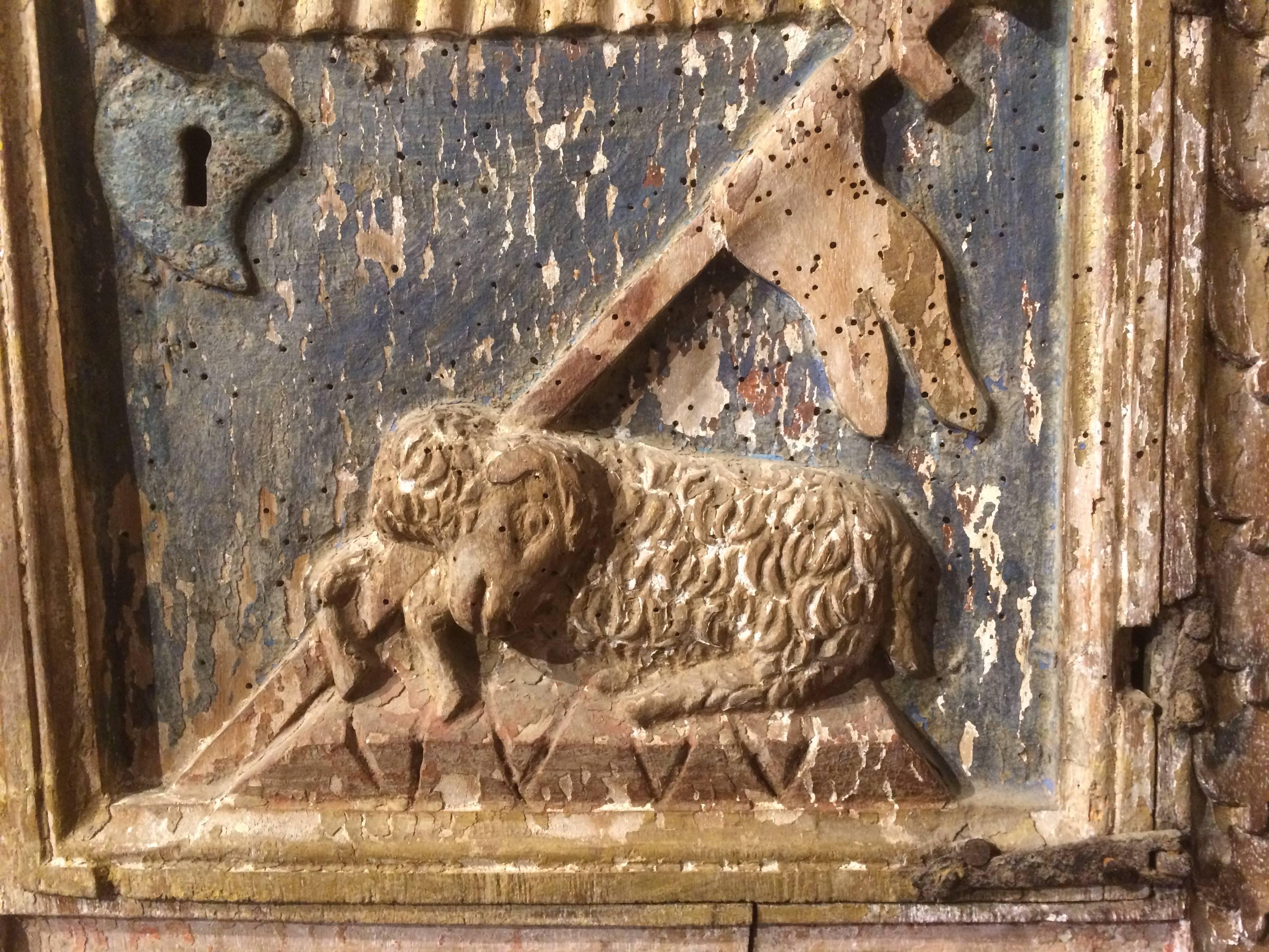18th Century and Earlier 18th Century Italian Painted and Giltwood Tabernacle Door, Agnus Dei