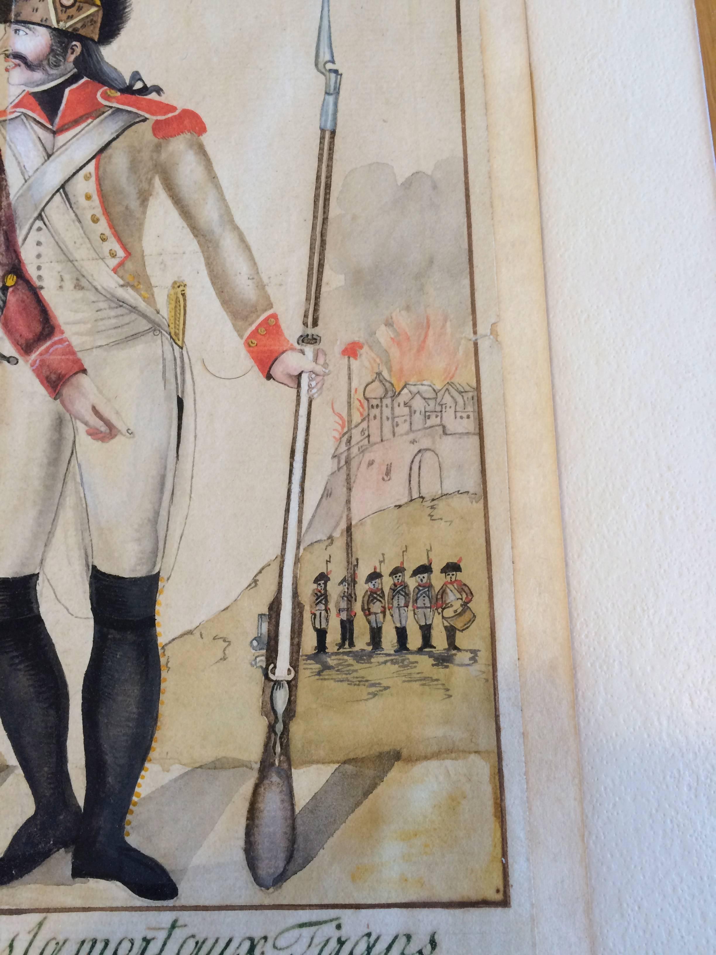 Neoclassical 18th Century French or Swiss Military Watercolor, Signed and Dated For Sale