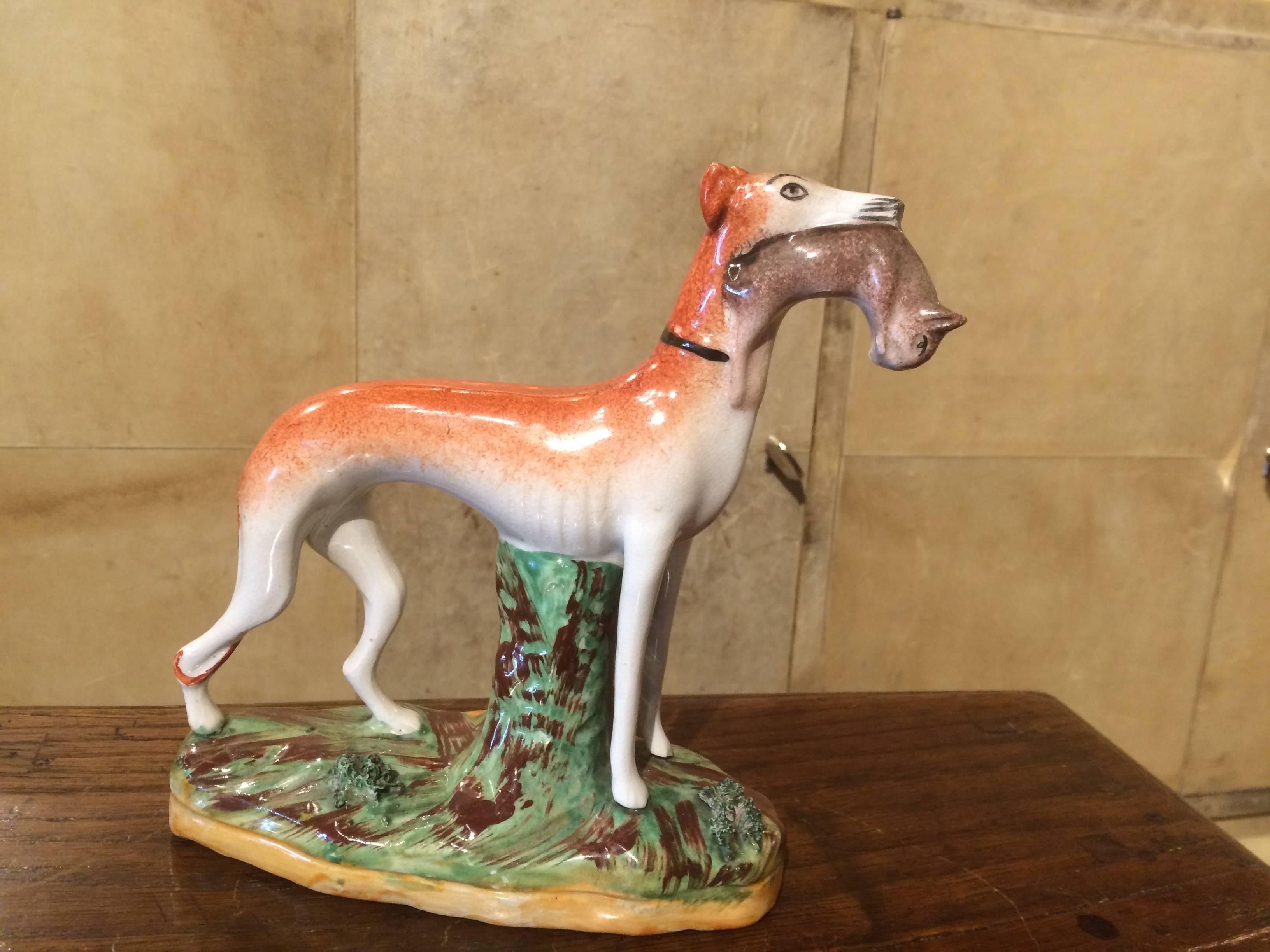 Pair of Straffordshire Greyhounds or Whippets with Rabbits In Excellent Condition In Stamford, CT