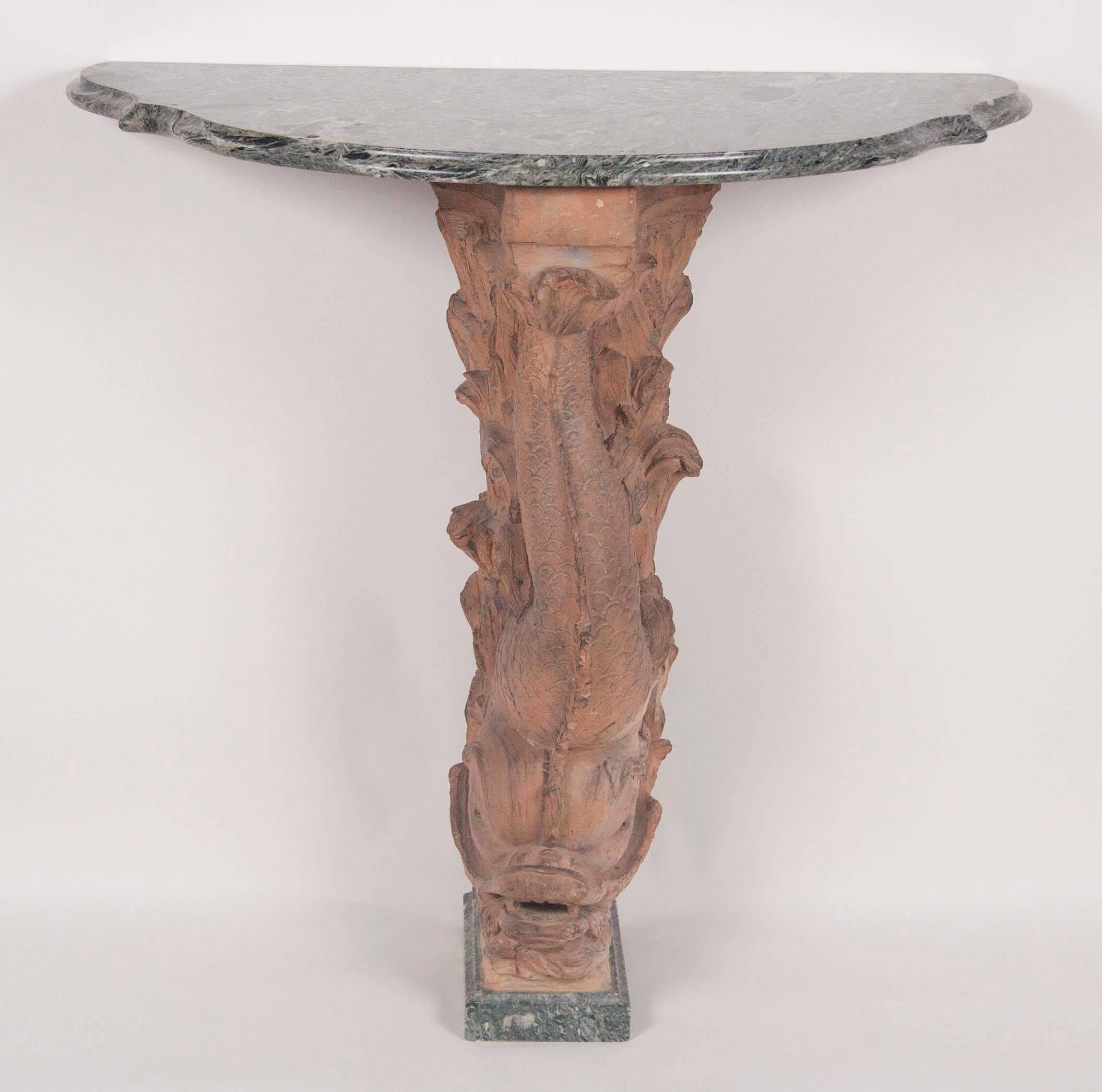 Pair of Italian Terracotta Dolphin Console Tables with Marble Tops In Excellent Condition In Stamford, CT