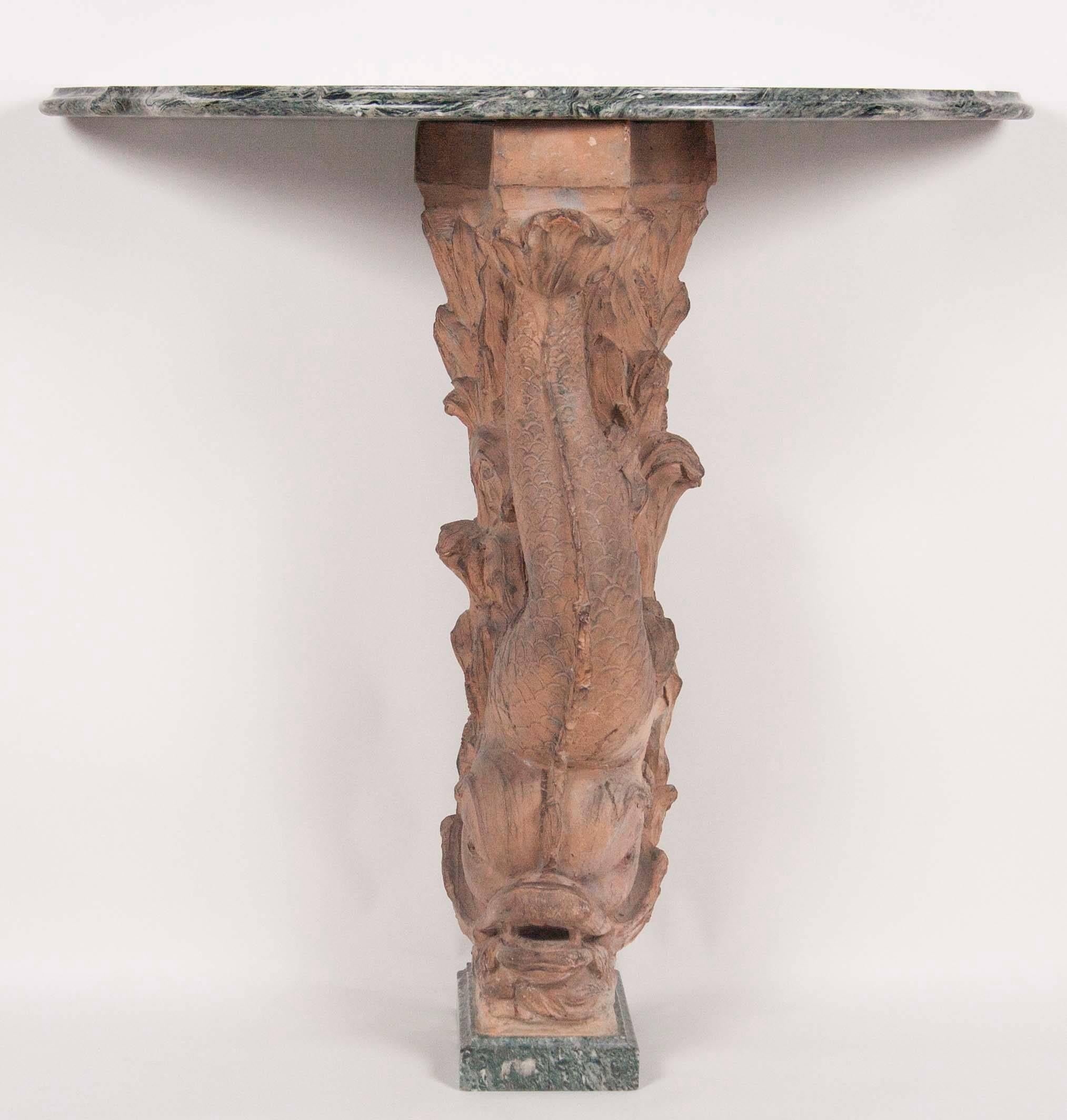 Early 20th Century Pair of Italian Terracotta Dolphin Console Tables with Marble Tops