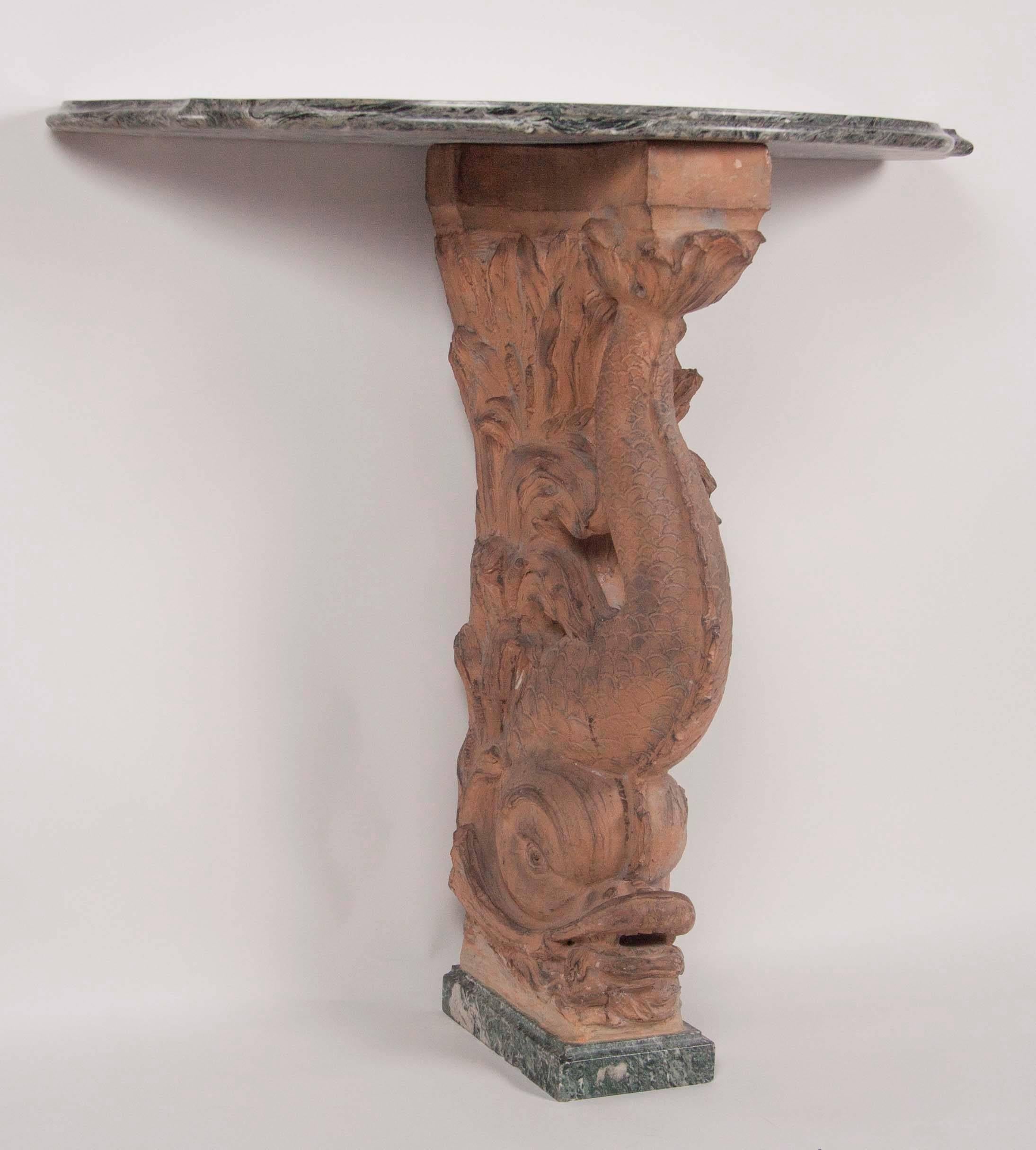 Pair of Italian Terracotta Dolphin Console Tables with Marble Tops 3