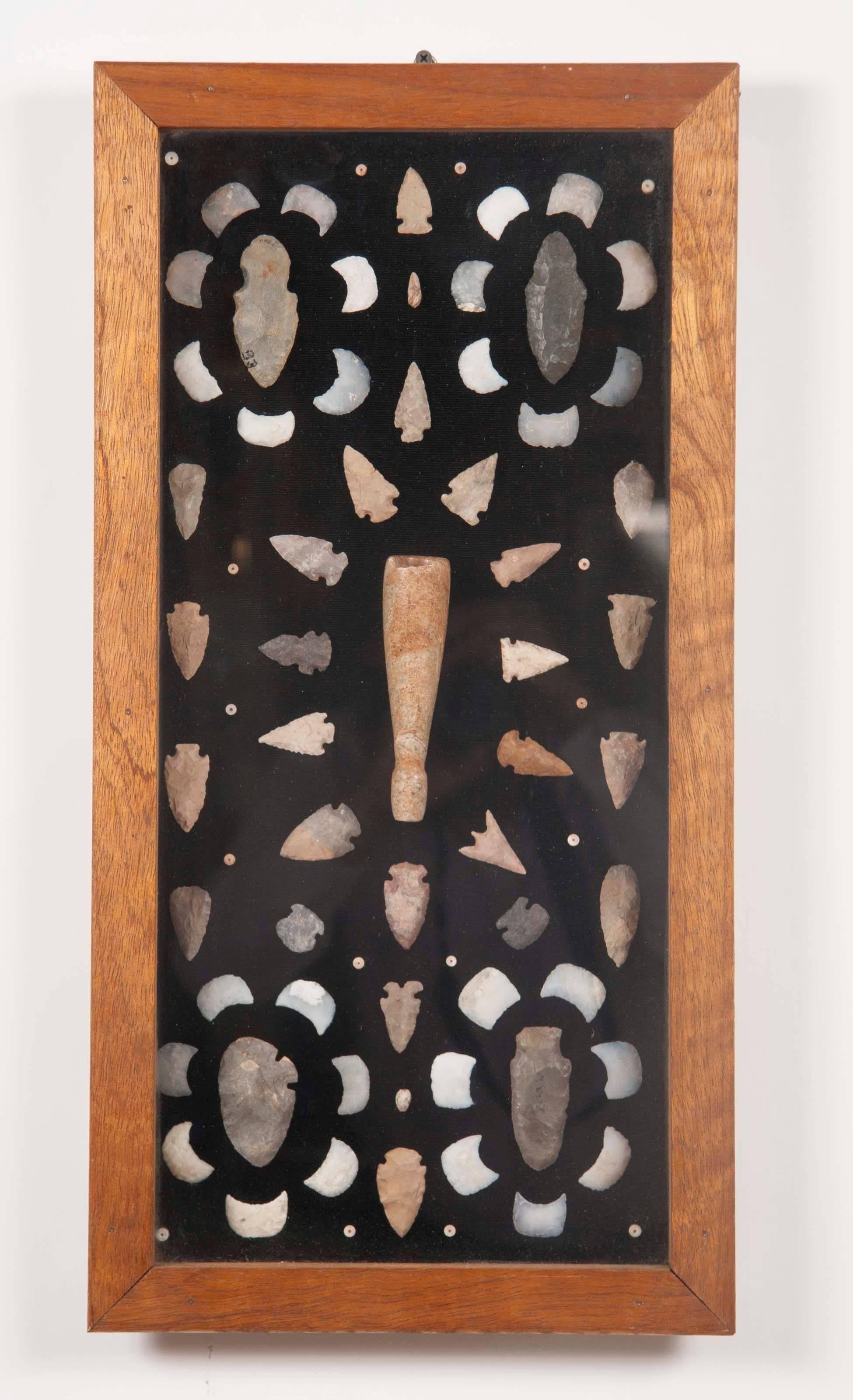 A pair of framed early American Indian arrowhead and other artifacts all from Western states.