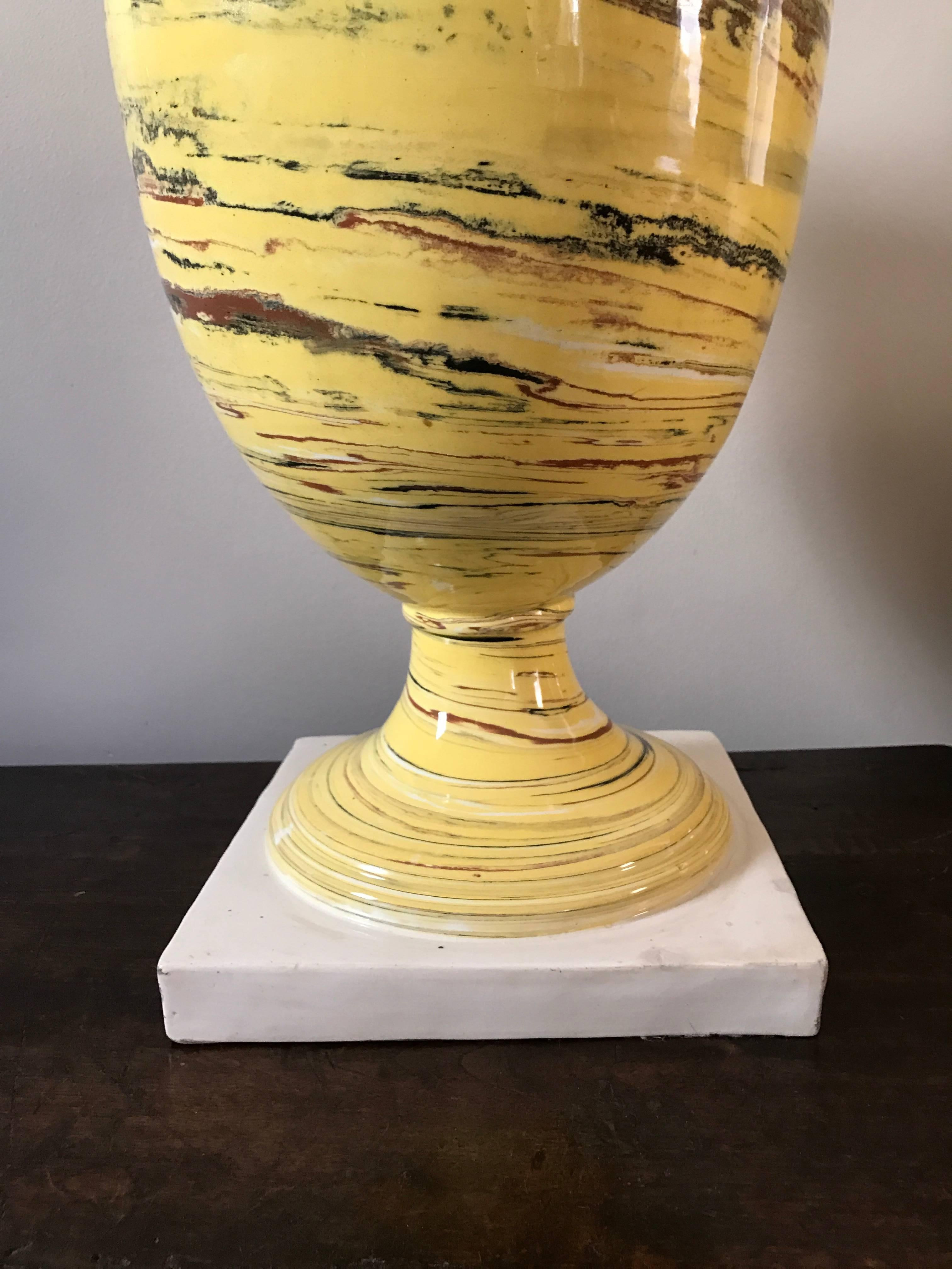 Neoclassical Italian Yellow Agateware Urn Form Pottery Lamp