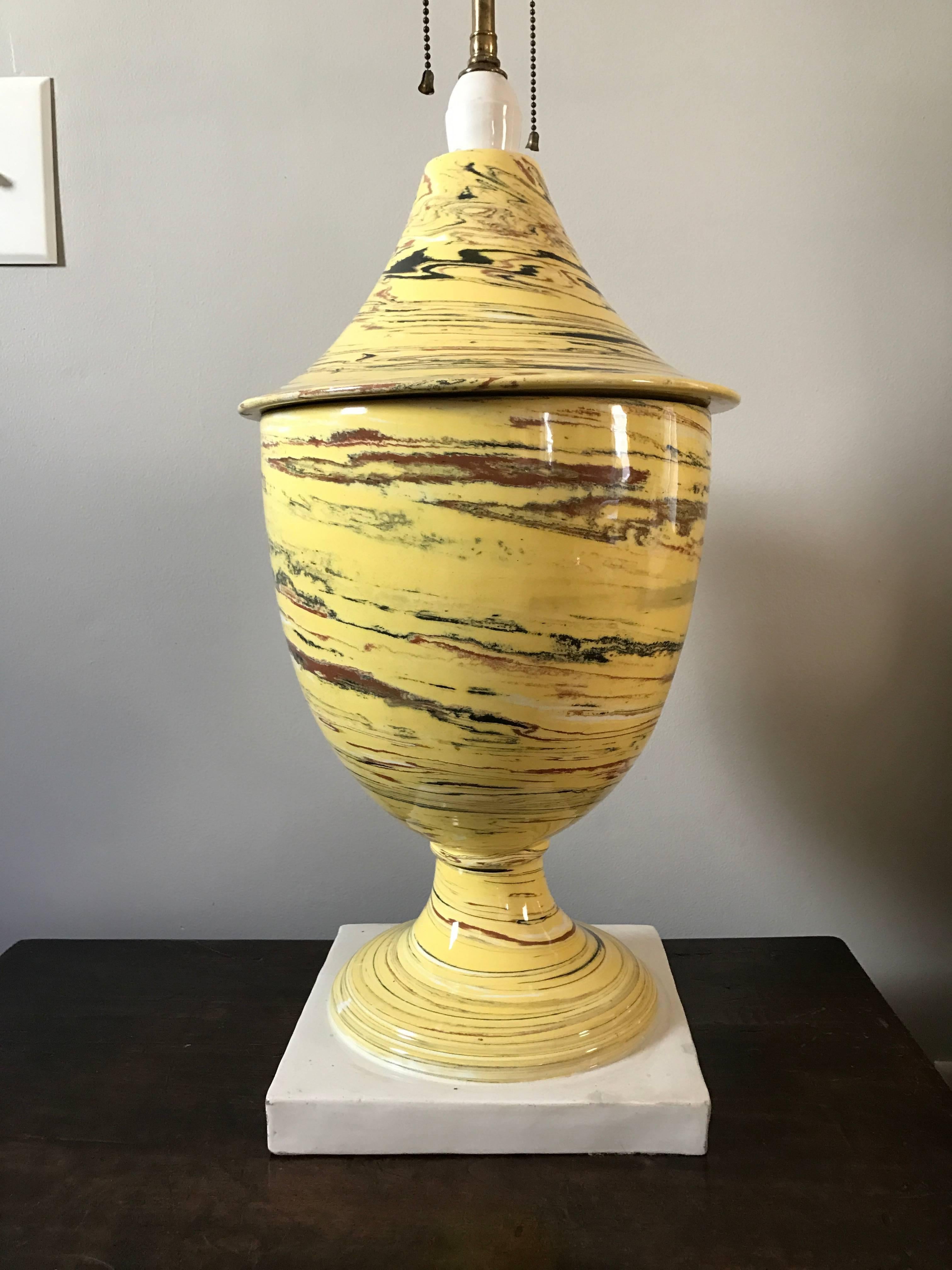 Italian Yellow Agateware Urn Form Pottery Lamp 1