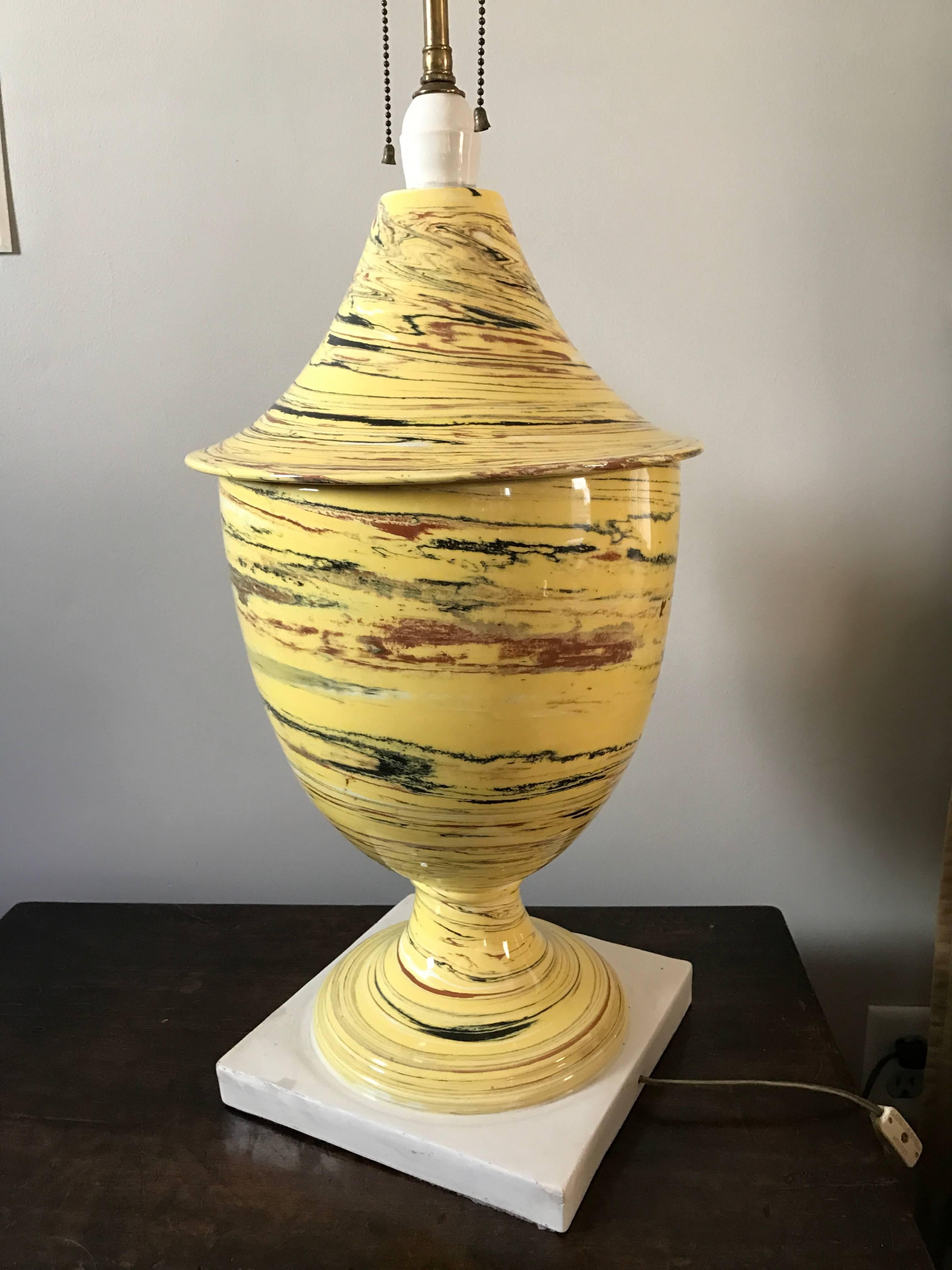 Italian Yellow Agateware Urn Form Pottery Lamp 3