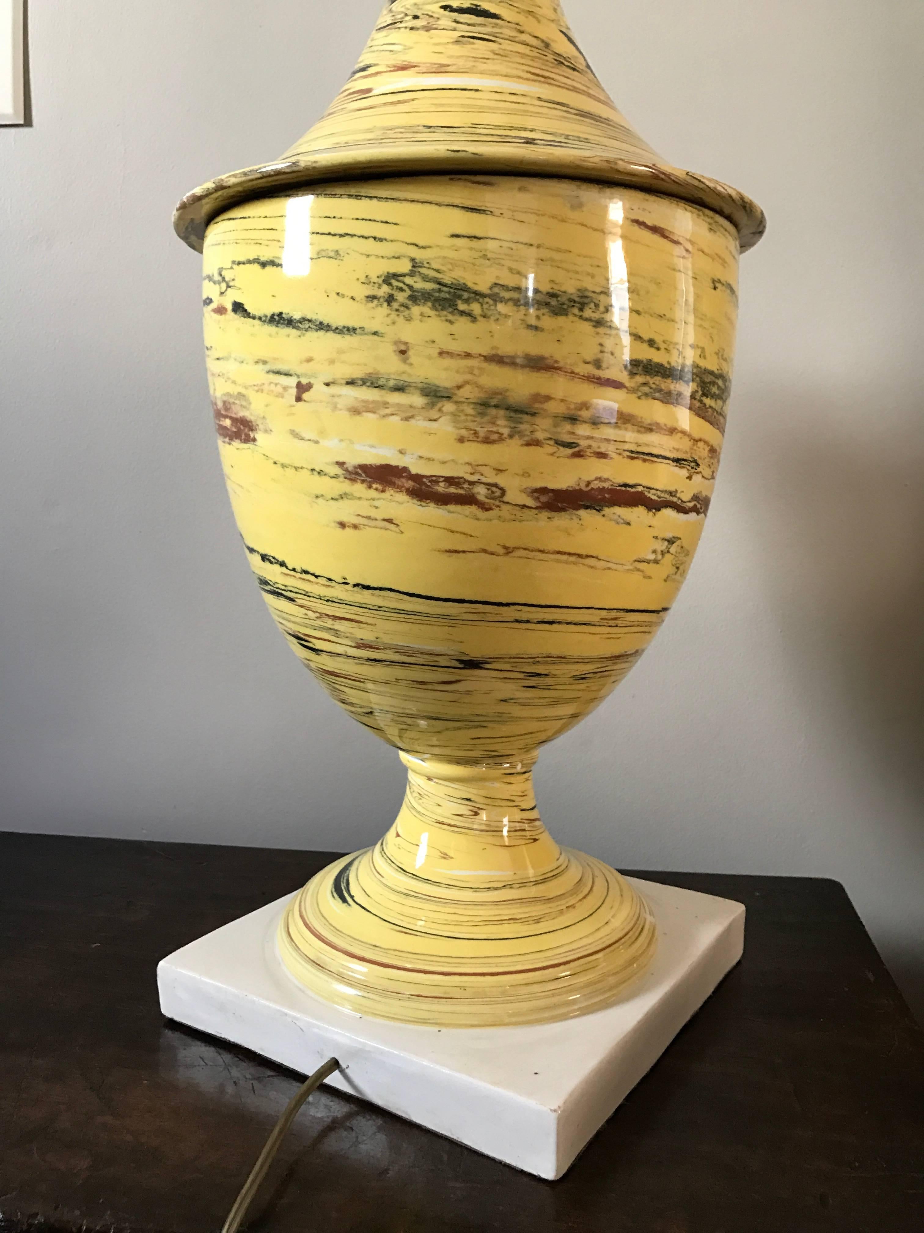 Italian Yellow Agateware Urn Form Pottery Lamp 4